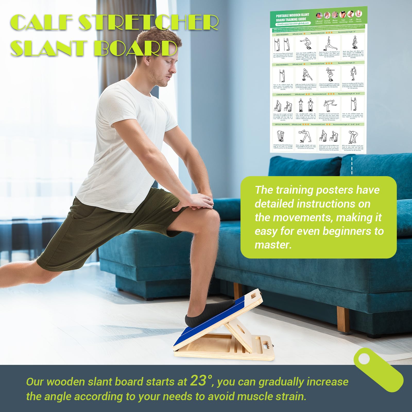 Tabla inclinada para estirar pantorrillas, tabla de equilibrio de madera portátil ajustable para estirador de pantorrillas con póster de entrenamiento, capacidad de peso de 300 libras, cuña elástica