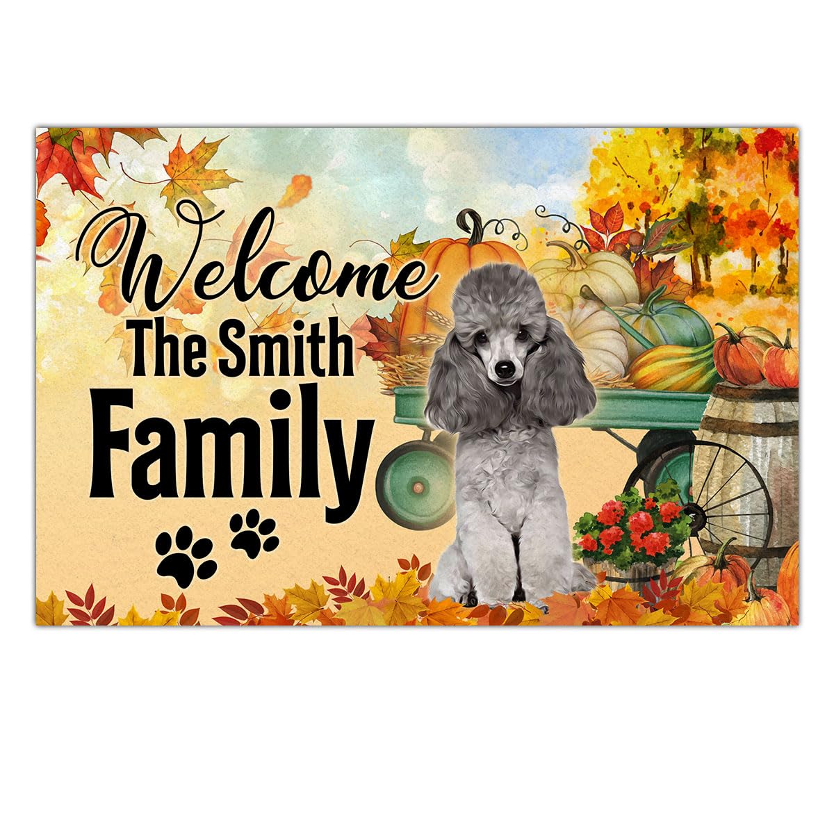 Personalized Fall Welcome Door Mat Poodle Doormat Pumpkin Thanksgiving Autumn Doormat Indoor Outdoor Entrance Low-Profile Floor Non Slip Rug Mats Housewarming Gift for Dog Lover