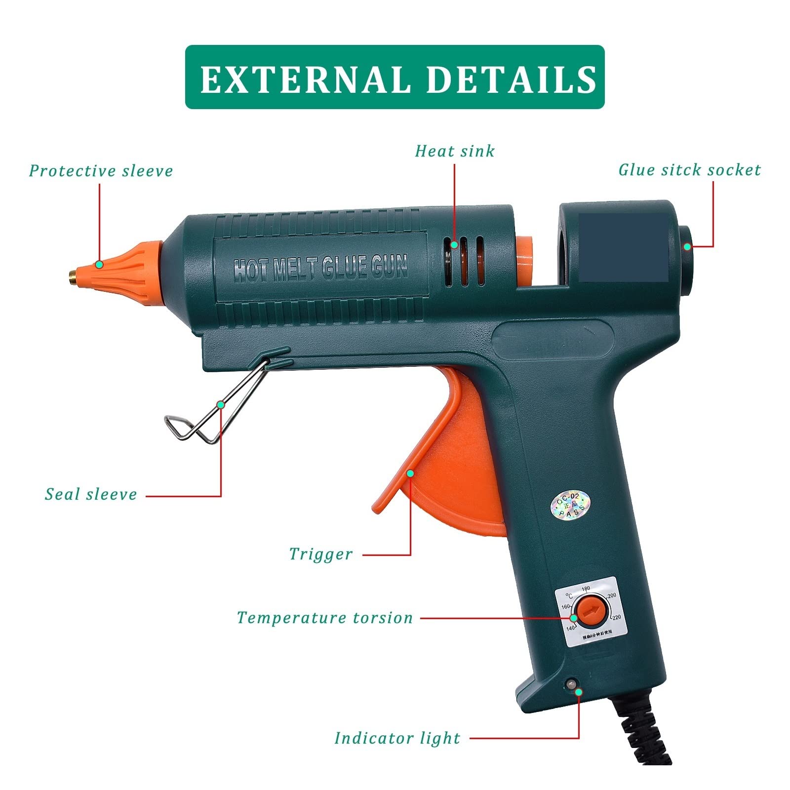 150W Pistolet Do Klejenia Na Gorąco Regulacja Temperatury 140~220 Stopni Celsjusza Wymienna Dysza Użyj 11mm Klej W Sztyfcie Naprawy Narzędzia DIY Szybkie Niezawodne Klejenie(SET-1)