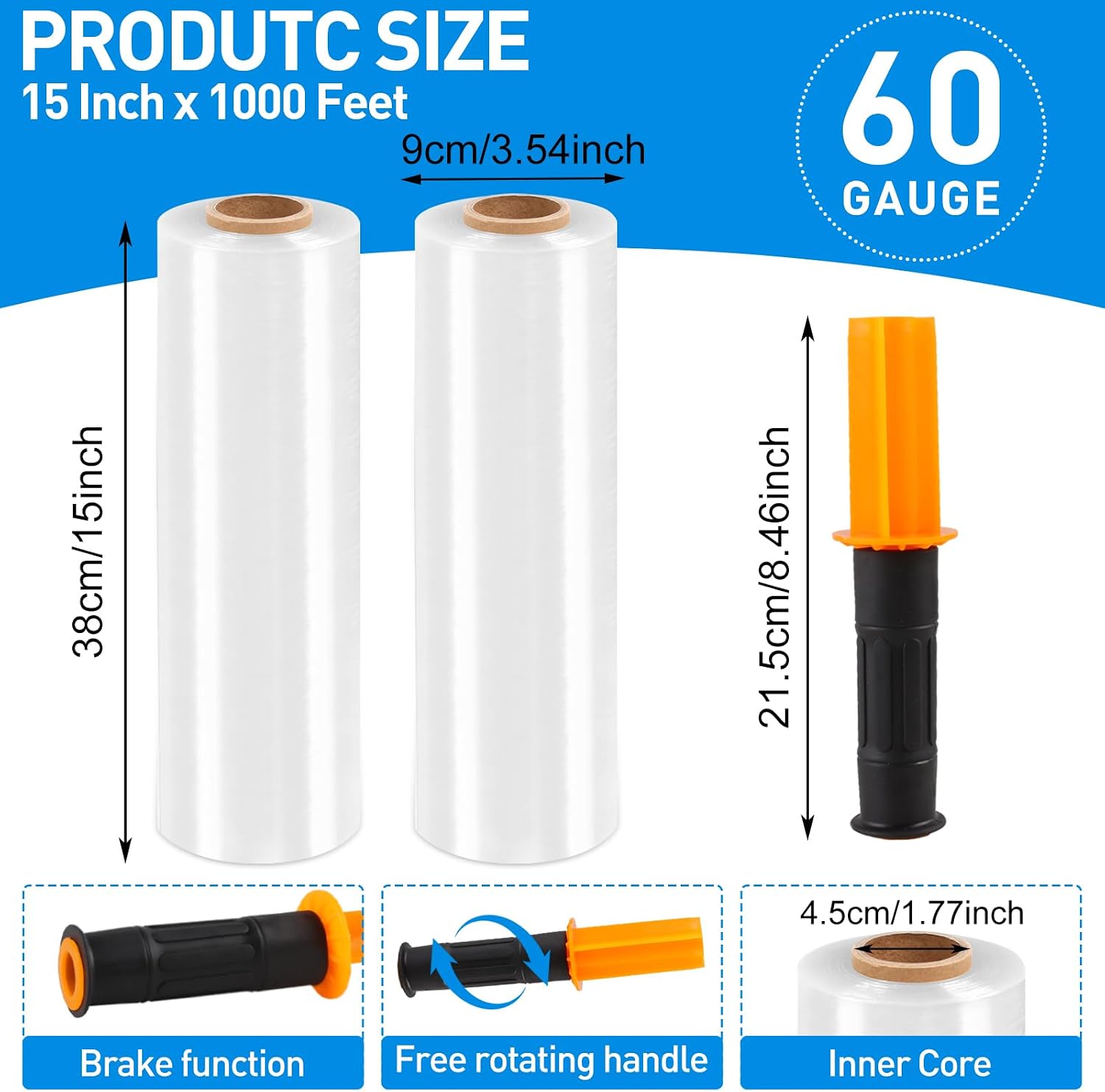 Plastic Wrap Stretch Film Roll, 1000ft 60 Gauge 500% Industrial Strength 15 inch Wide Clear Shrink Wrap Roll with Handles for Pallet Wrapping Shipping Moving (4 Roll)