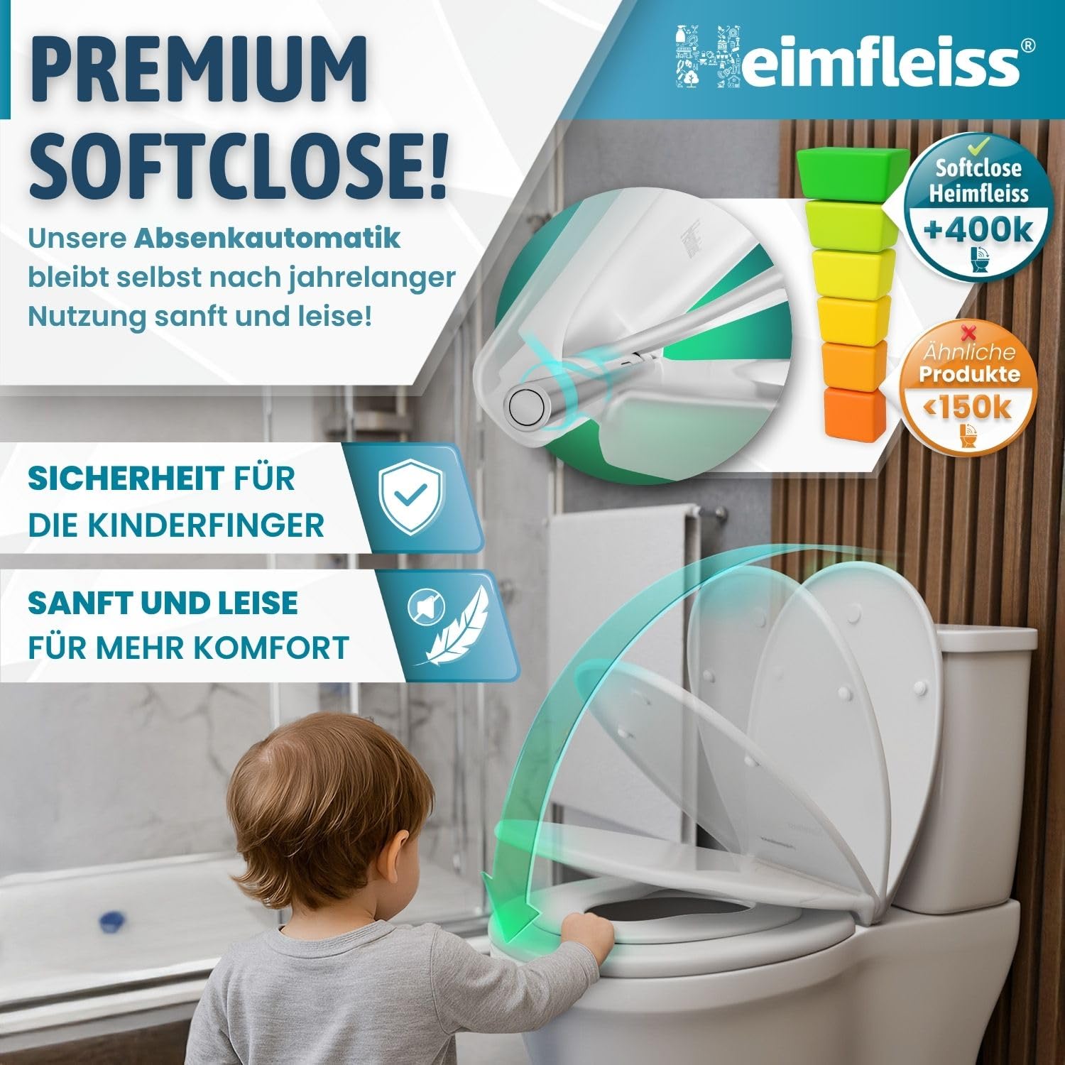 Heimfleiss® Toilettendeckel mit Kindersitz inkl. KINDERSICHERUNG | Antibakterieller Duroplast Klodeckel mit Kindereinsatz | Familien Toilettensitz mit Absenkautomatik | Kinder Klobrille mit Kindersitz