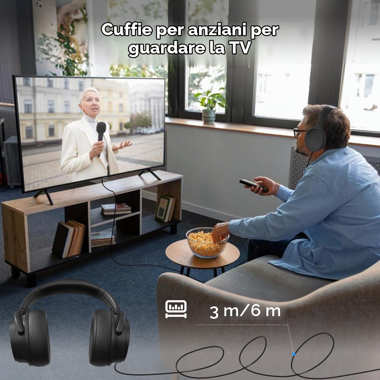 Cuffie TV a cavo lungo per anziani con controllo del volume | Design over-ear cablato con imbottitura morbida e archetto regolabile; include una spina AUX da 3,5 mm e nessun microfono