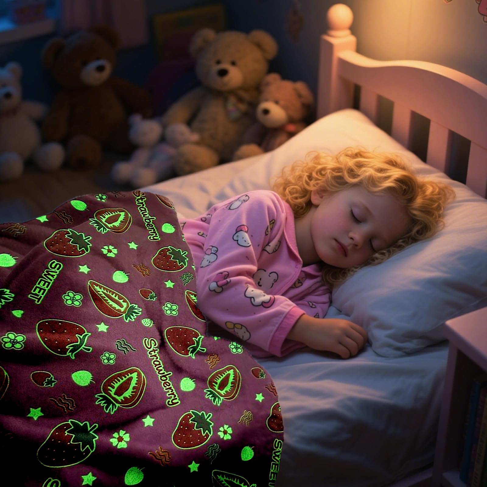 LXTOPN Cuddly Blanket for Children Girls Blanket Glows in the Dark Kids Blanket with Strawberry Pattern - Image 3
