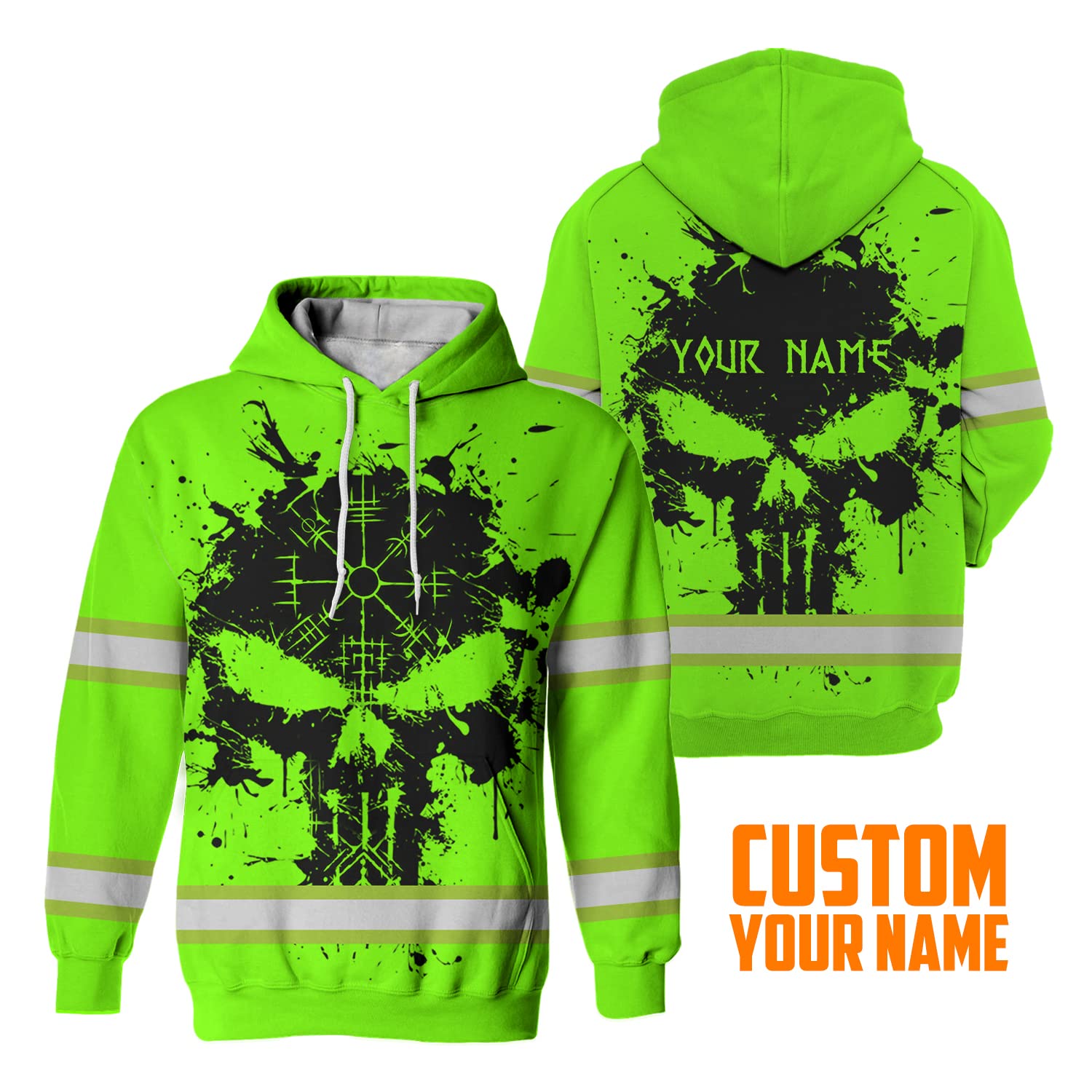 Matedecor Safety Hoodie Green Neon Skull Viking Symbol Customize Name High Visibility Hoodie for Men Reflective Hoodie Hi Vis Hoodie Workwear for Runners, Walkers, Trucker, Operator, Patriotic-5XL