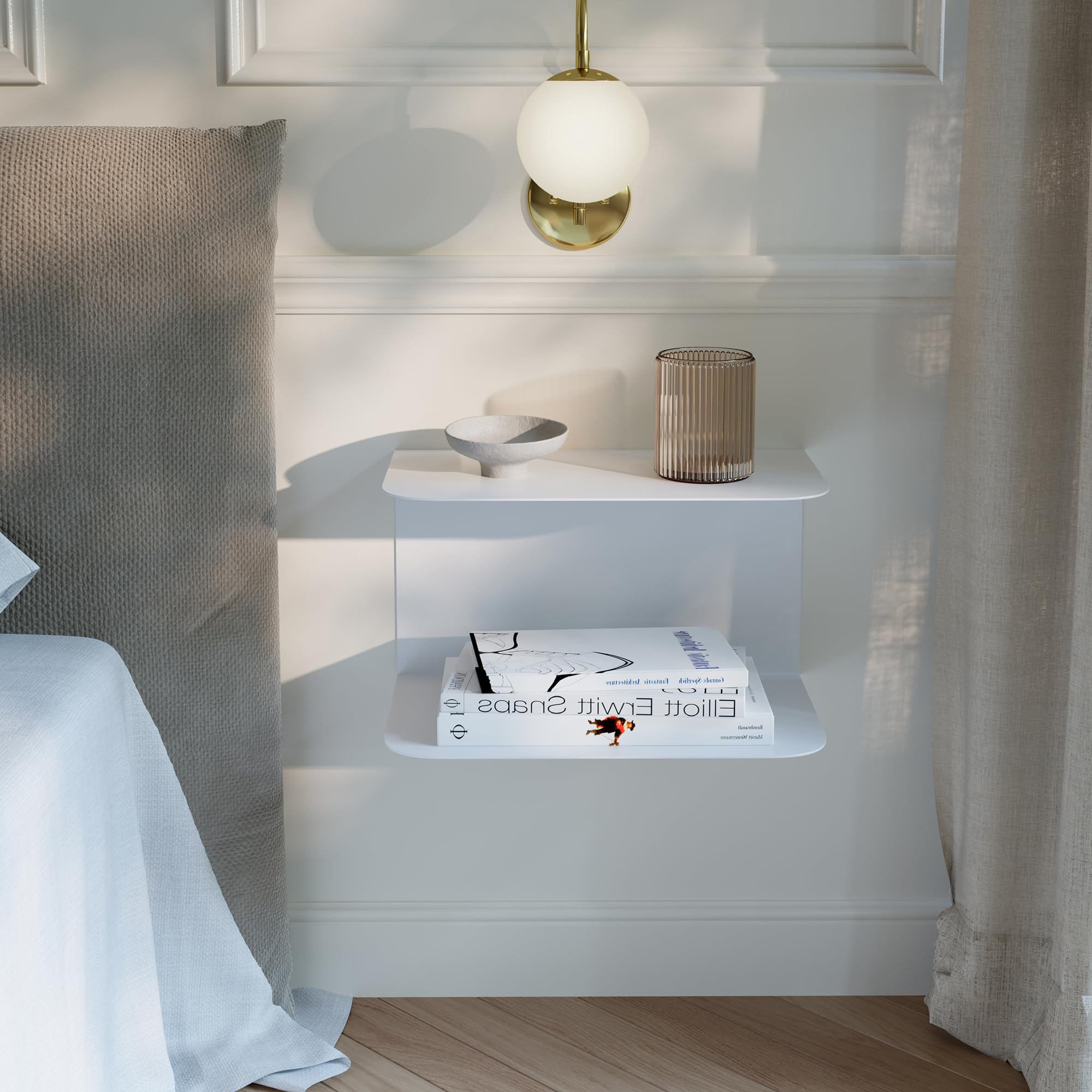 [en.casa] Set di 2 Mensole in Metallo Consolle da Parete con 2 Ripiani Comodini Sospesi a Forma di C in Stile Industriale 40x23x23cm Bianco