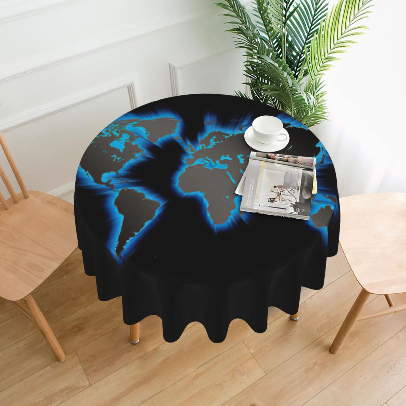 Uusnwaa World Map Print Round Tablecloth 60 Inch, Stain Wrinkle Resistant Washable Polyester Table Cover For Kitchen Party