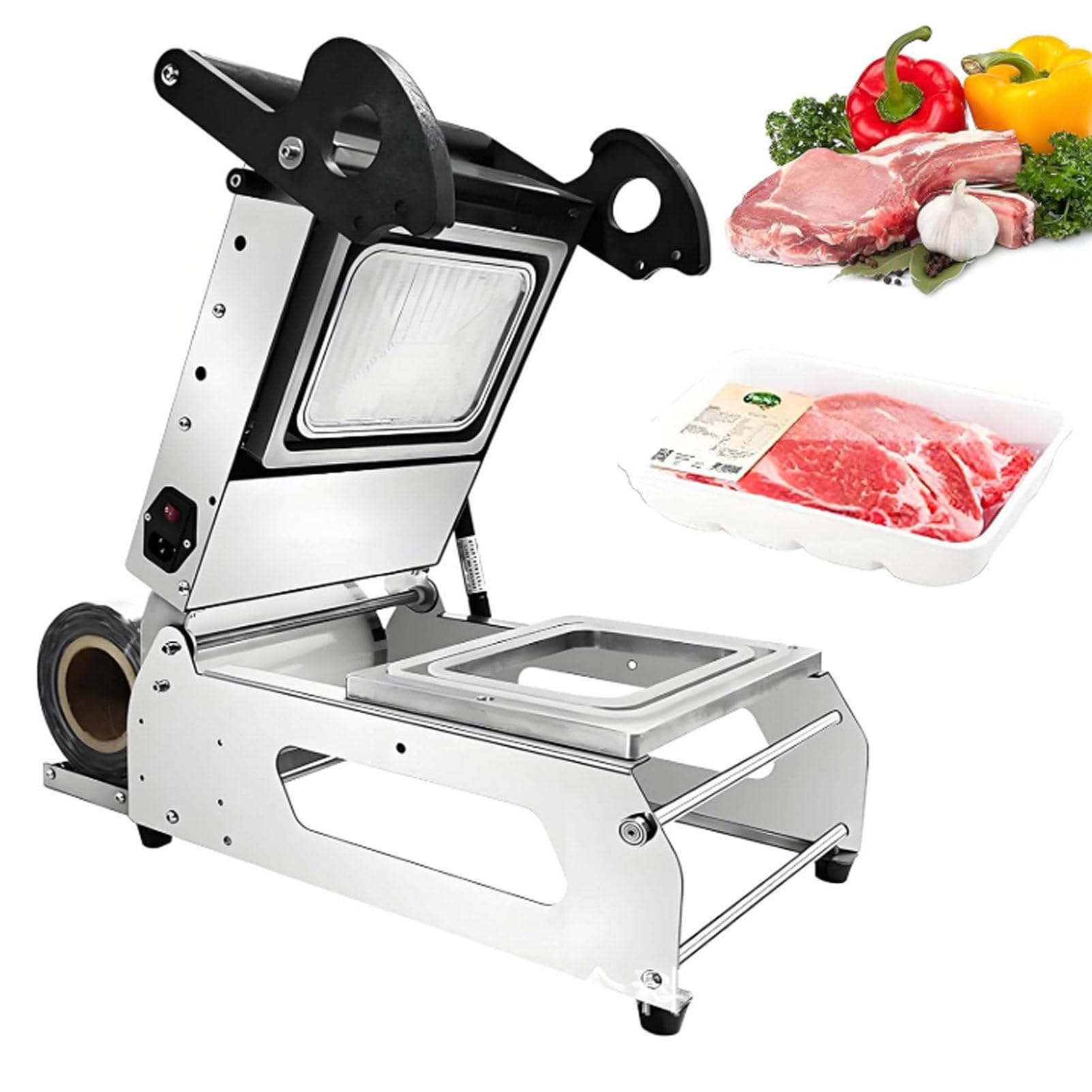 Máquina de sellado térmico comercial para envasado de alimentos, operación a presión manual con velocidad ajustable, ideal para cajas para llevar y alimentos cocinados