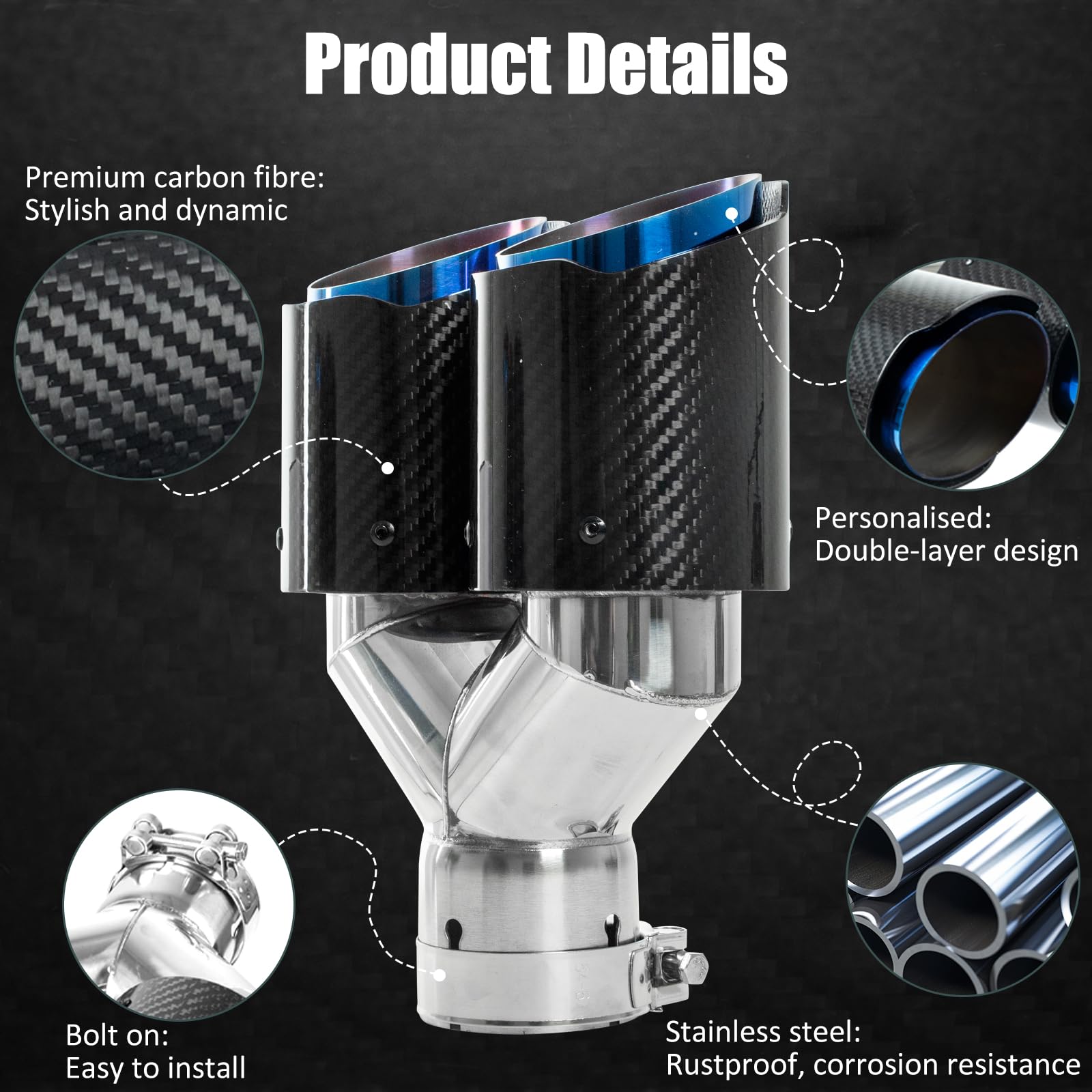 Catekro 63mm Terminale Scarico Auto Universale, Uscita Scarico in Acciaio Inox 304 & Fibra di Carbonio Tubo Terminale Marmitta Sportivo Fissare con Bulloni Chiave Inclusa (Doppia Uscita, Blu-nero)