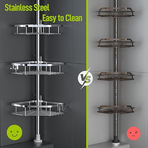 Miniatura 7 de LAMU Poste de tensión esquinero para regadera, organizador de ducha de acero inoxidable, resorte fuerte, 4 almohadillas adhesivas, base de rejilla