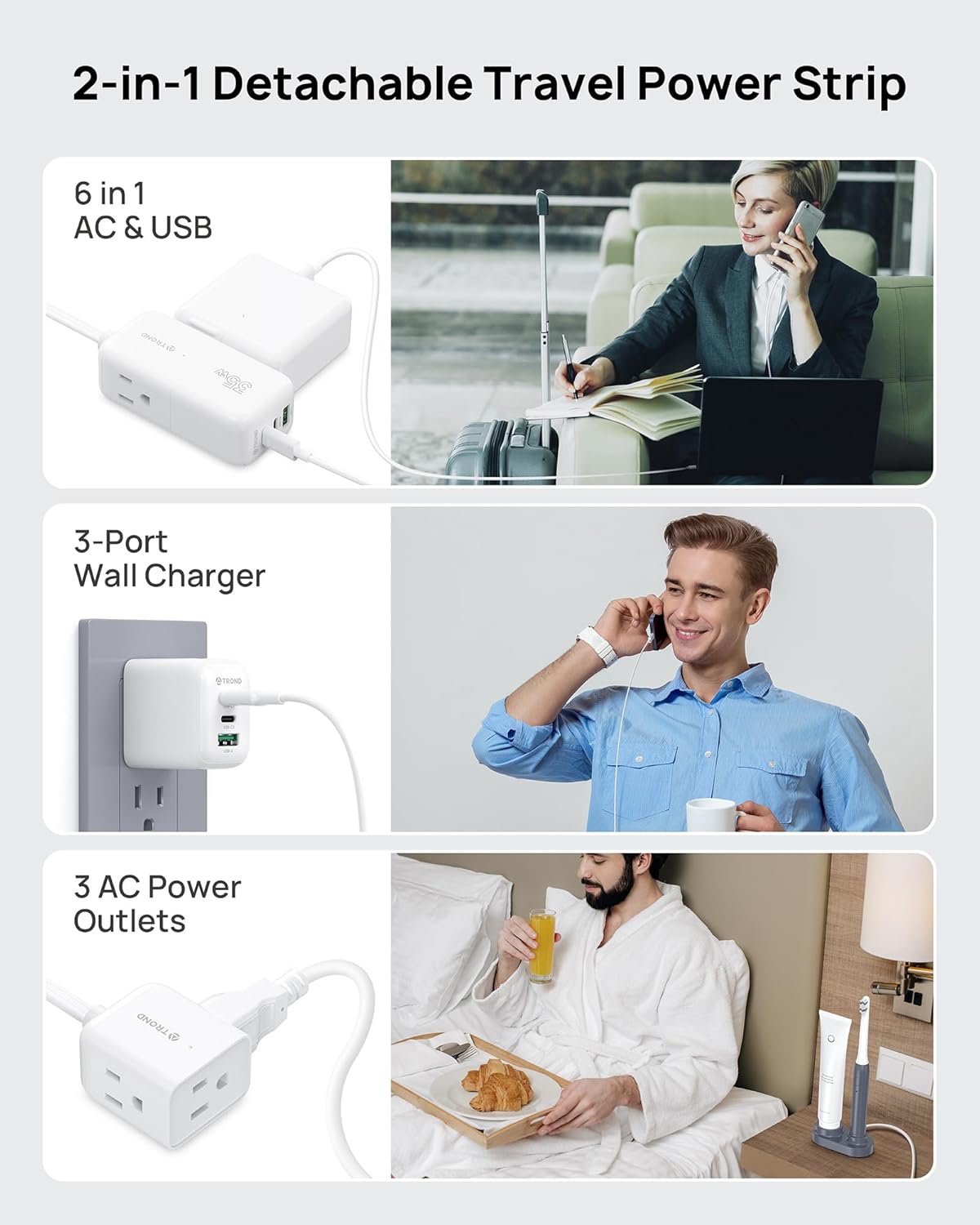 TROND Travel Power Strip with Detachable USB C Ports Fast Charge GaN III PD35W, 5ft Flat Plug Extension Cord with Multiple Outlets, for Home Hotel Dorm Room Cruise Ship Essentials, White