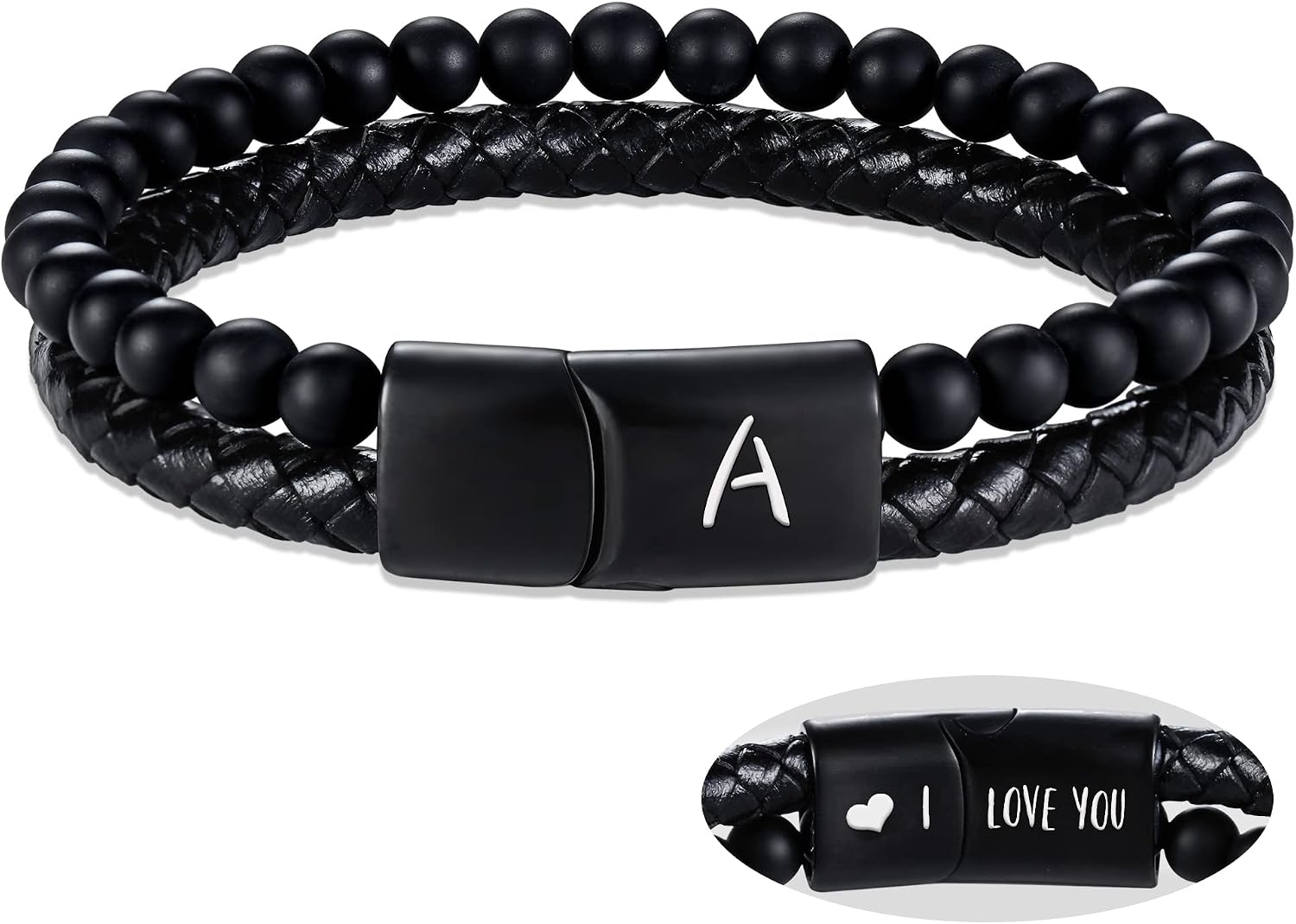 Father s Day Gift Ideas, 2026 Graduation Gifts Mens Leather Bracelet Letter A-Z Beaded Bracelets I Love You Gifts for Him Boyfriend Initial Bracelet Anniversary Birthday Gifts for Son Husband Jewelry
