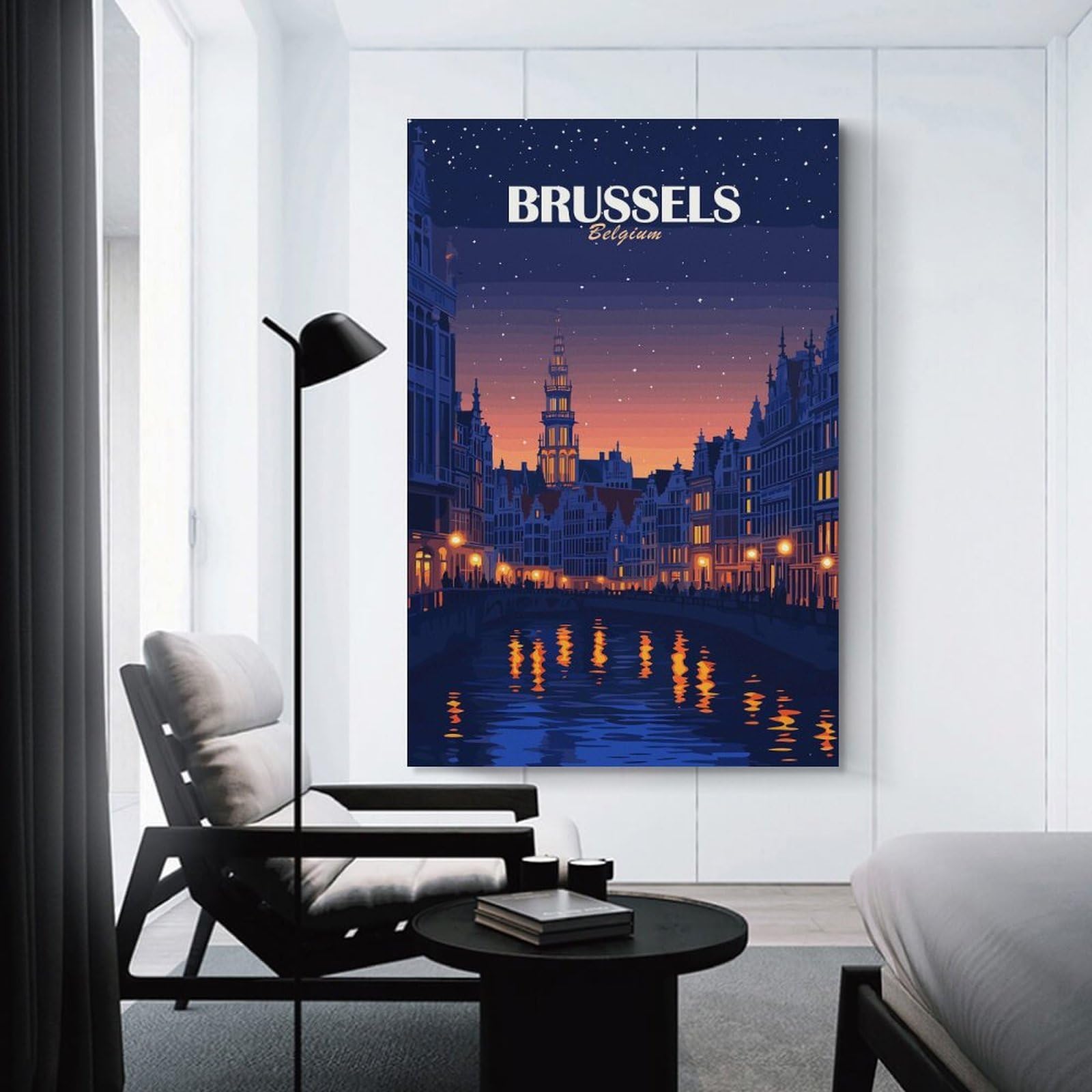 Junmoney Brussels Belgium Night Cityscape Art Wall Art Print, 20x30inch(50x75cm), for Wall Displays, Bedrooms Or Room Updates, A Versatile Canvas Print for Layering