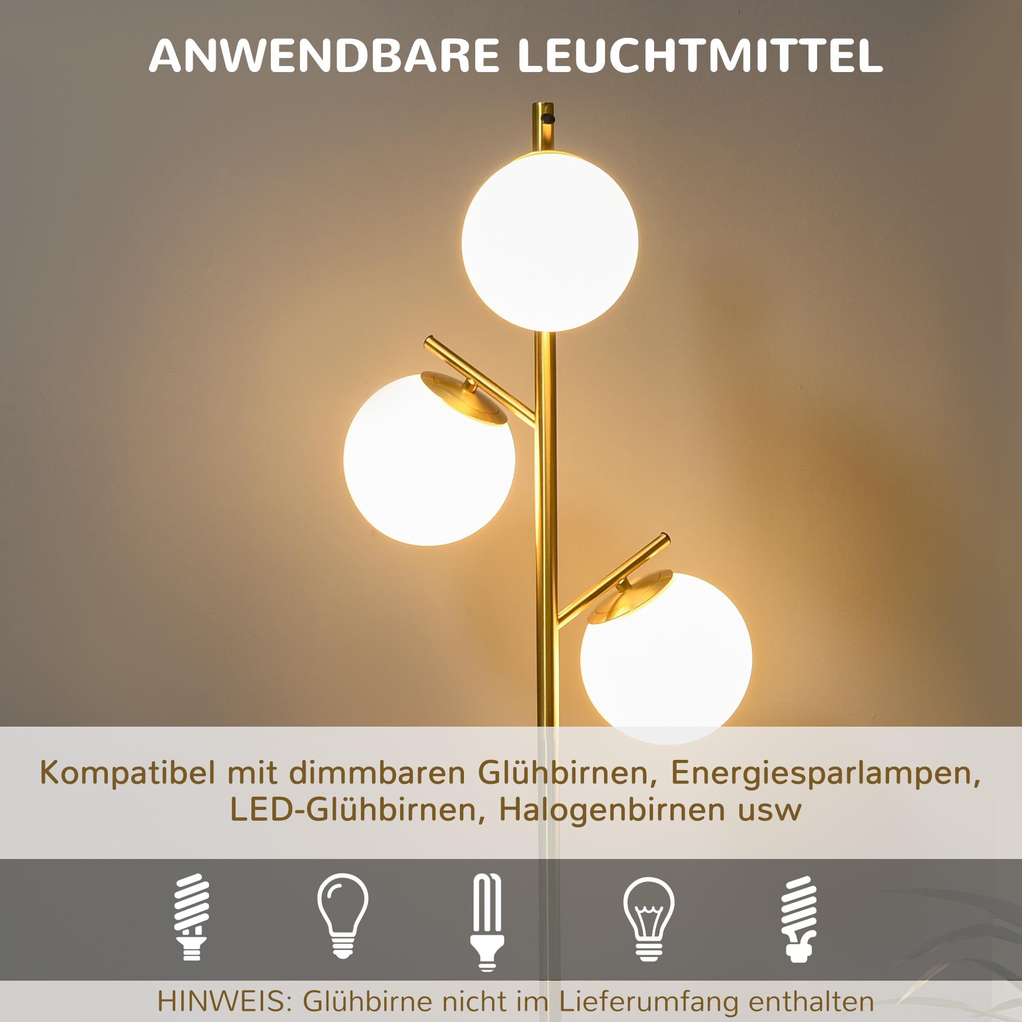 HOMCOM Stehlampe Wohnzimmer Stehleuchte Standleuchte mit 3 E27 Fassungen, 3 Lampenschirmen aus Glas, für Wohnzimmer Schlafzimmer, exkl. Glühbirne, Gold