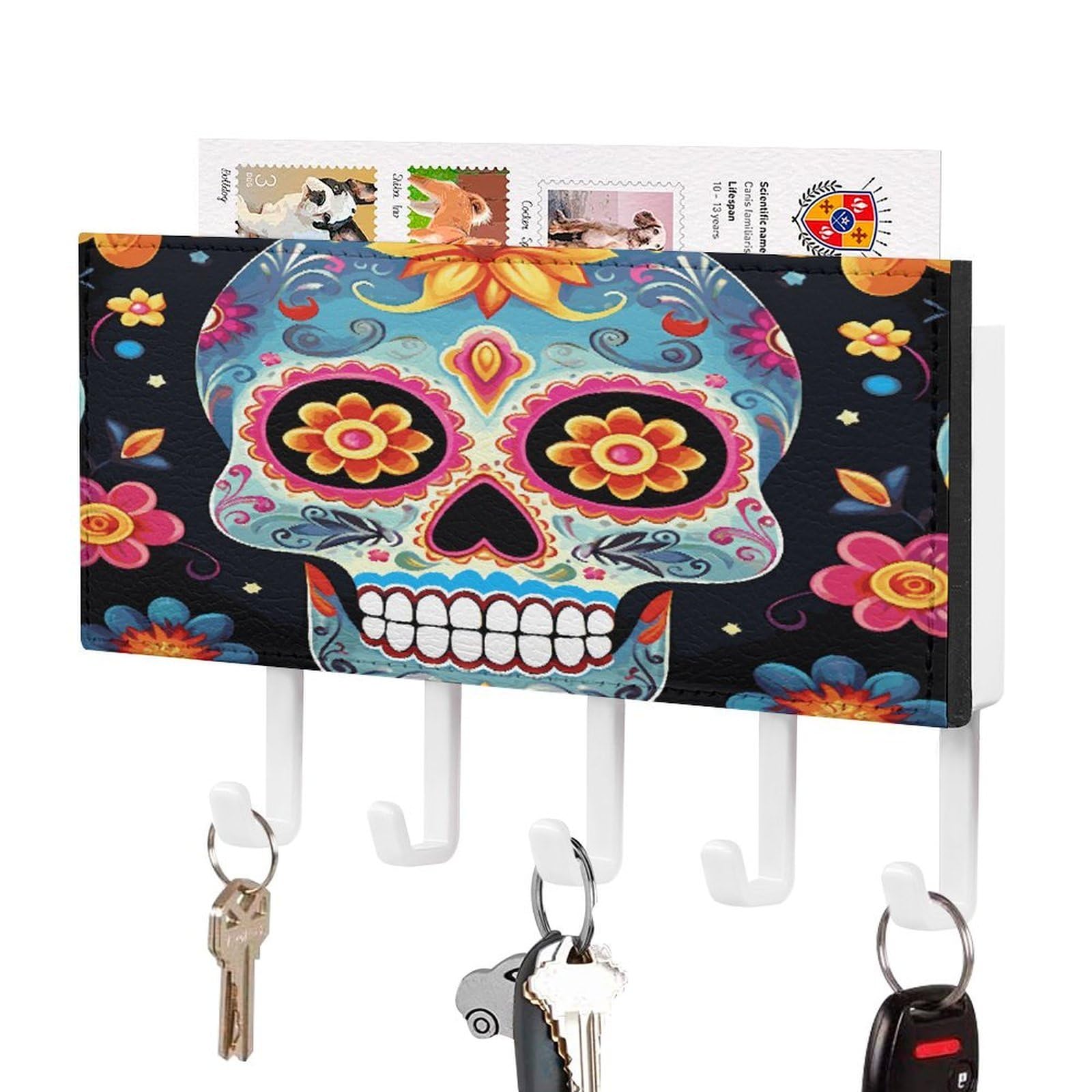 LDGSUPH Sugar Skulls Key Holder Wall Mount Key Hanger with 5 Hooks Fashion Key Organizer Rack Hanging Key Hooks with Mail Organizer Key Rack for Home Entryway Hallway White-Style