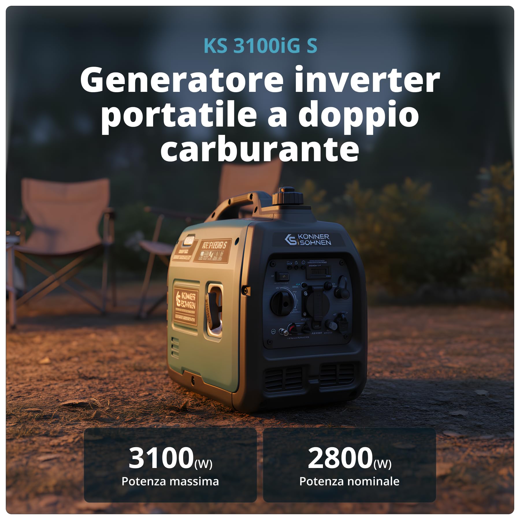 Könner&Söhnen Generatore di Corrente Inverter Portatile KS 3100iG S DUAL FUEL Generatore di emergenza 3100 W, presa Schuko 230 V, 2 porte USB, display LED, modalità Eco, generatore Euro V