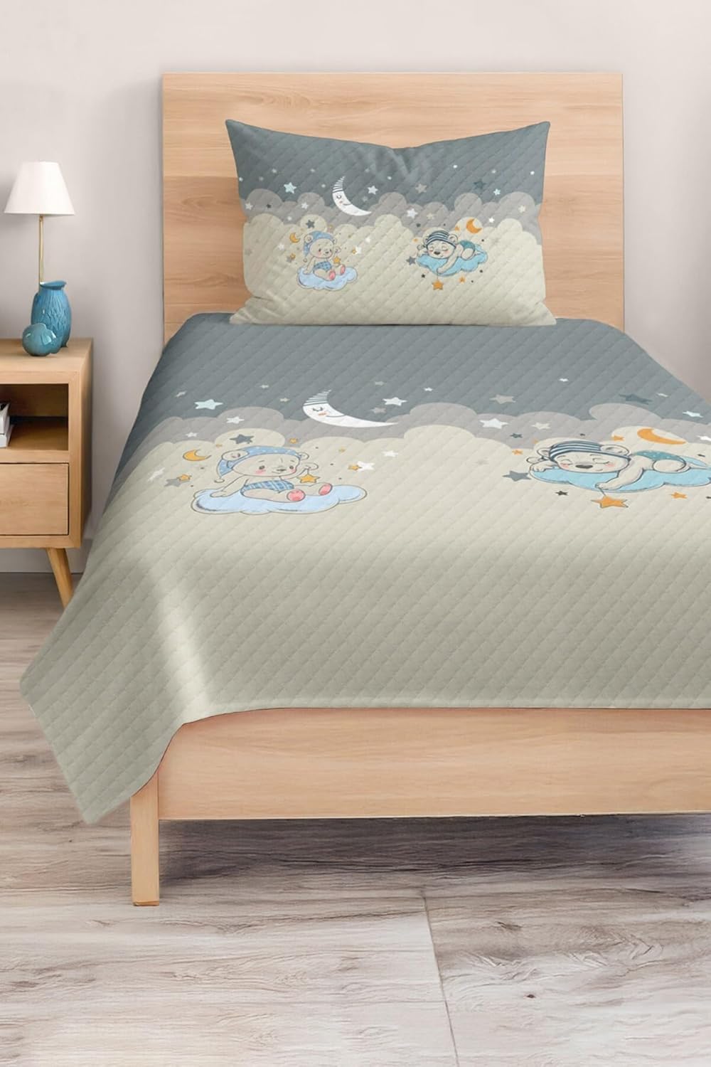 SODEF Bedding Set Twin Size Bear Cloud and Star Pattern Gray Blue Baby Boy Quilt Set Cotton Polyester Blend 2 Piece - Multicolor, One Size