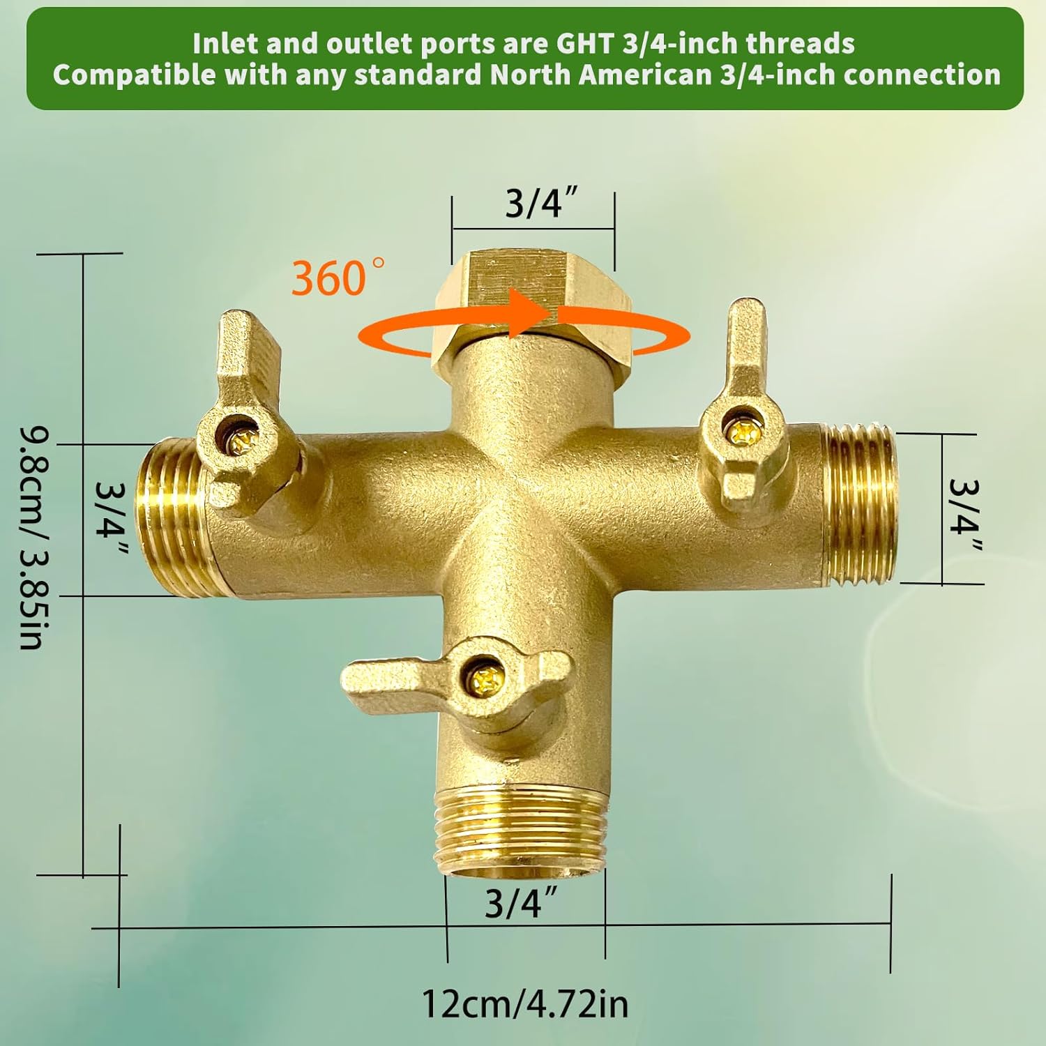 3 Way Garden Hose Splitter Heavy Duty - Solid Brass 3/4" High Flow Spigot Faucet Connectors With Metal Shutoff Valve, Outdoor Water Spigot Splitter with 4 Extra Silicone Washers and 1roll sealing tape