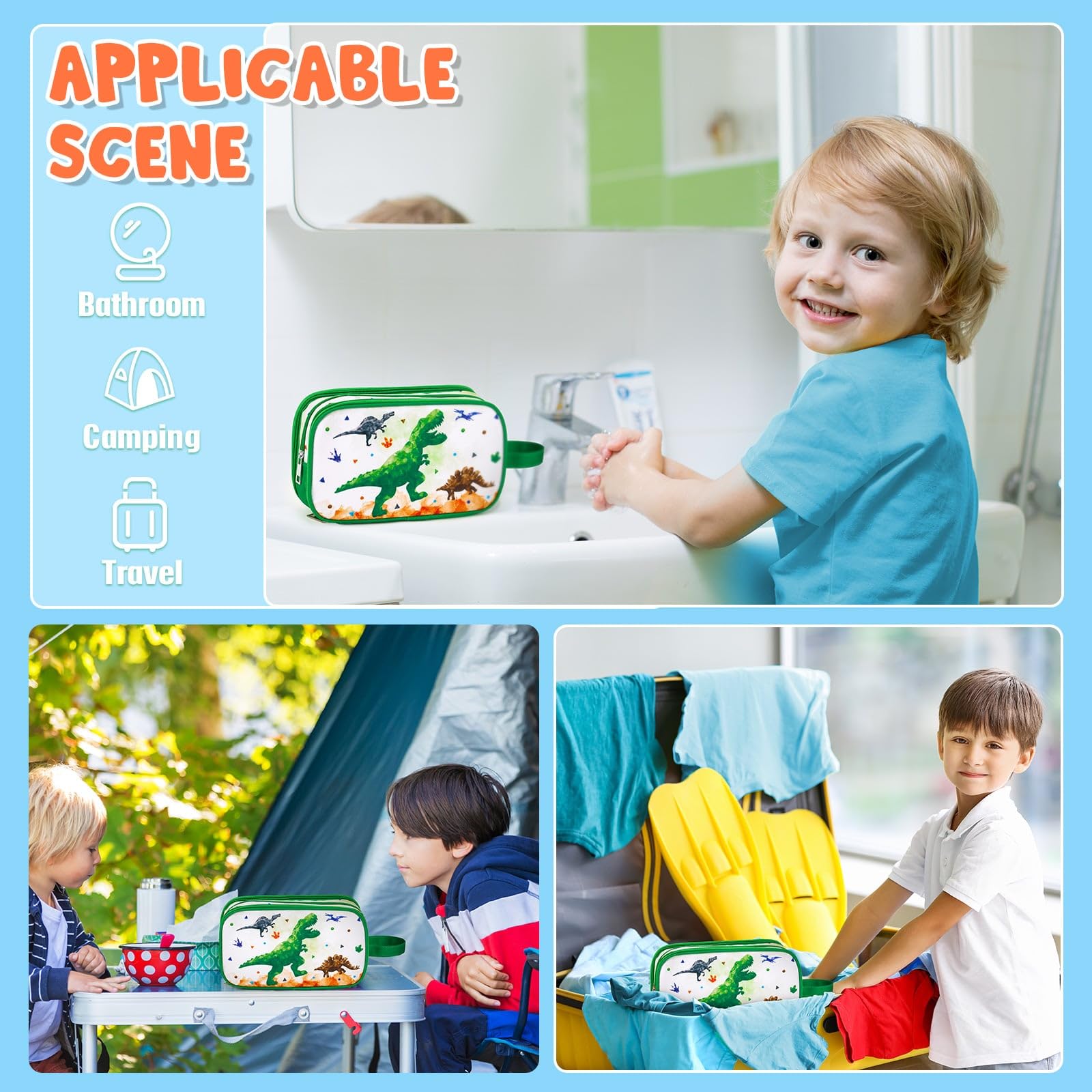 WAWSAM Trousse de Toilette Enfant - Dinosaure Sac de Toilettes Trousses de Toilette Bebe pour Voyage Déplacement Camping Résistant à l'eau Portable Trousse Toilette Voyage pour Cadeau