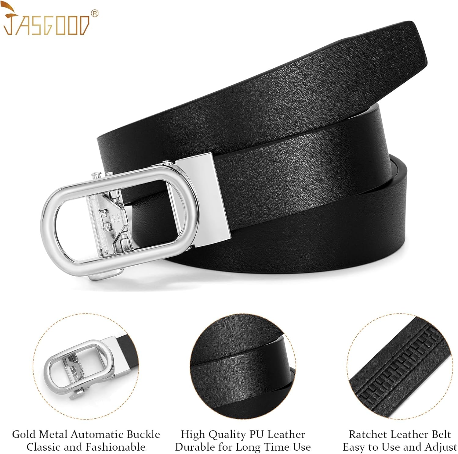 JASGOOD Women Leather Ratchet Belt for Jeans Pants Dresses Adjustable Belt with Automatic Sliding Buckle, Width 1.2" - Image 4