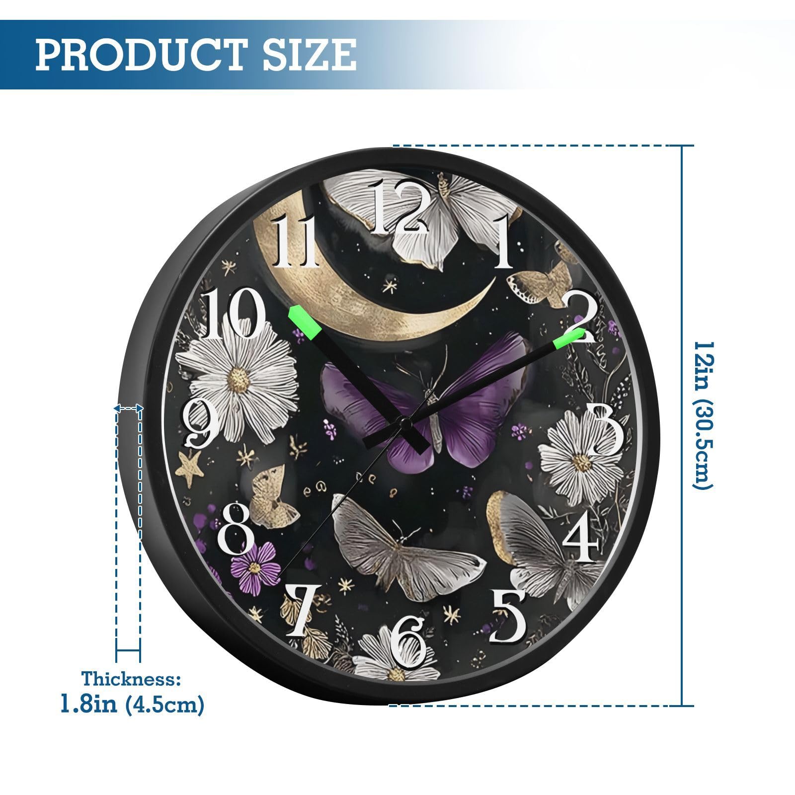 Mnsruu Reloj de pared luminoso con diseño de mariposa y luna, color morado, funciona con pilas, silencioso, brilla en la oscuridad, para sala de estar, cocina, 12 pulgadas