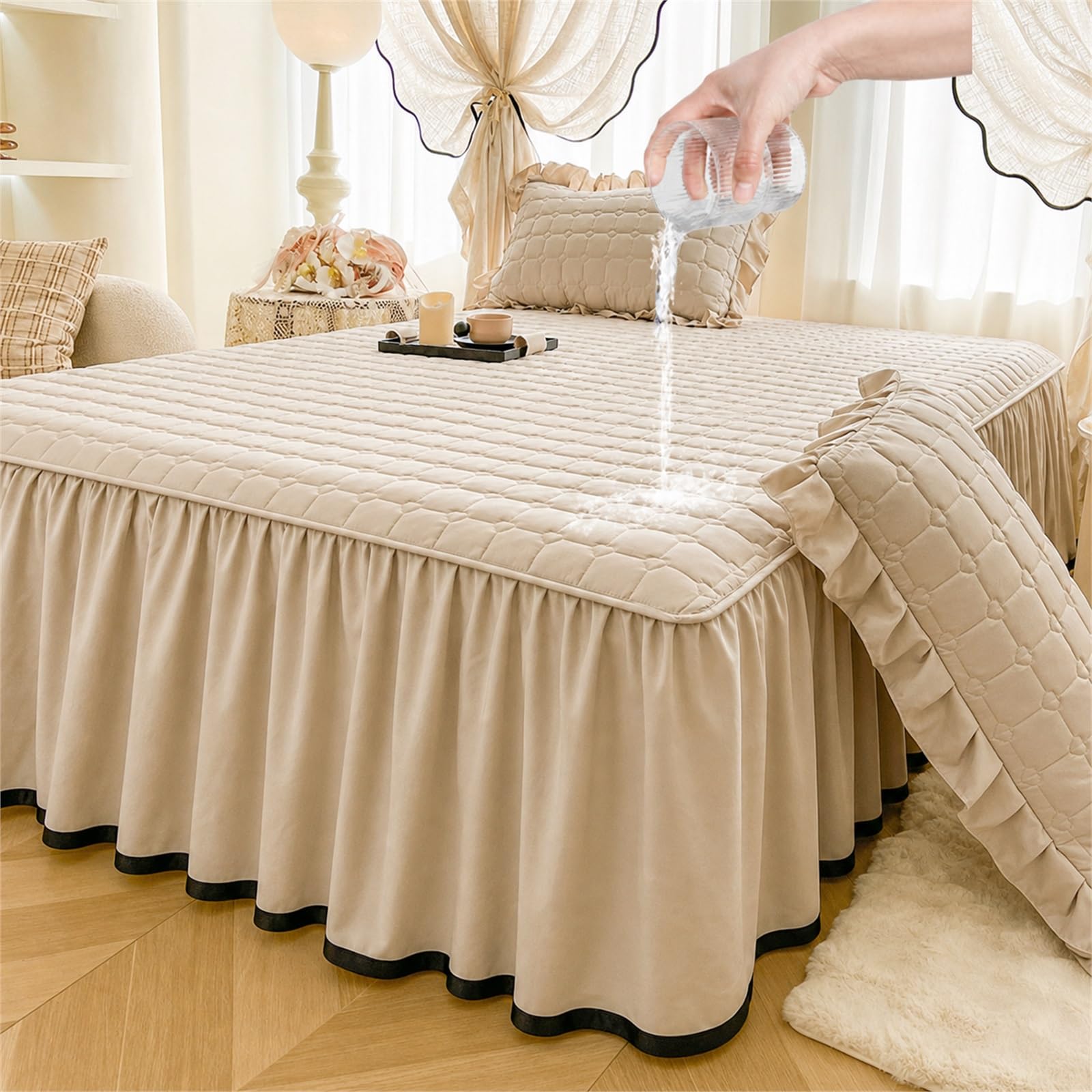 Gonna da Letto Trapuntata,Copriletto Trapuntato con Volants Coordinati,Mantovana Copriletto Elegante Gonna con Volants,Facile da Usare,per Camere da Letto E Soggiorni