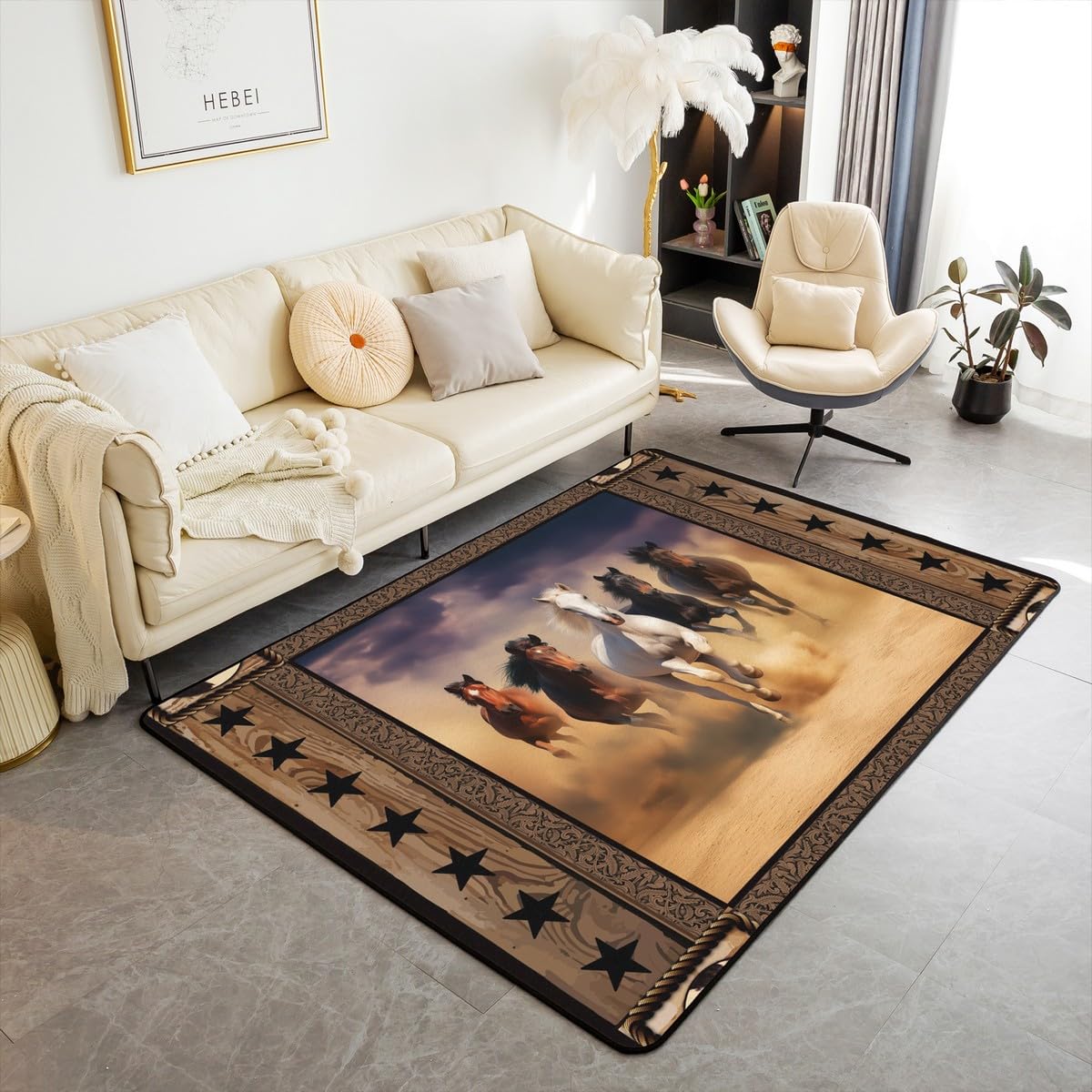 Castle Fairy Running Horse Decorative Rug 5x6'6'',Rustic Animal Indoor Floor Mat for Playroom Bedside Sofa Bedroom,Vintage Oil Painting Wood Grain Stars Non Shedding Rug for Kids Teen Boys Girls