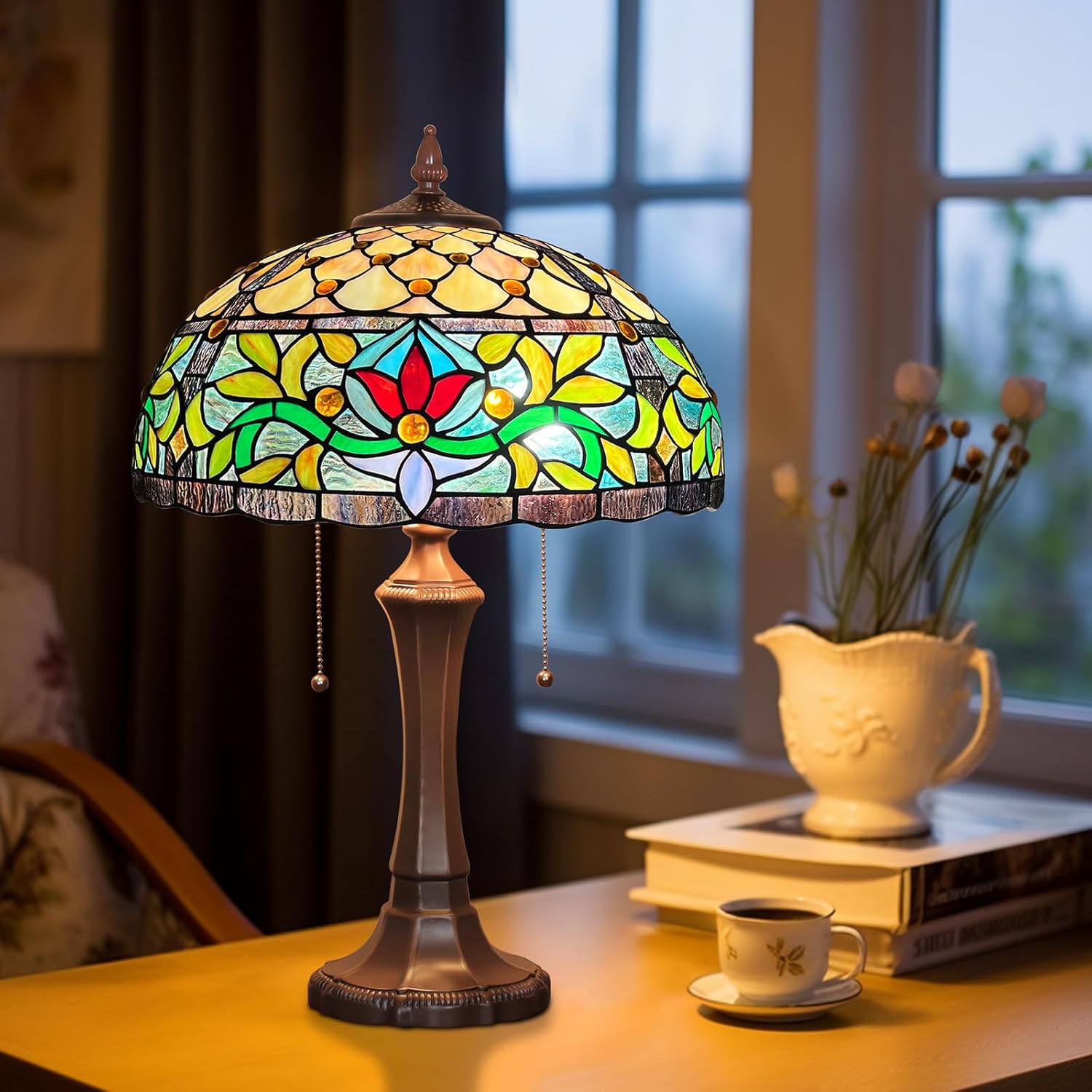 Capulina Tiffany Lamp Stained Glass Table Lamp 2-Light 16X16X24 Inches Antique Rome Victorian Art Tiffany Style Desk Lamp for Bedroom Living Room Home Office