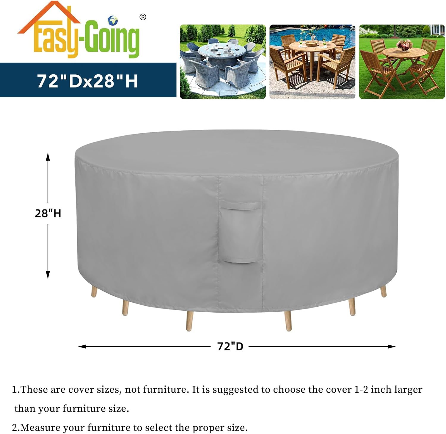 Easy-Going Round Patio Furniture Cover Waterproof Outdoor Dining Table and Chair Cover Anti-UV Outside Sectional Sofa Set Covers (72"DIA x 28"H, Grey)