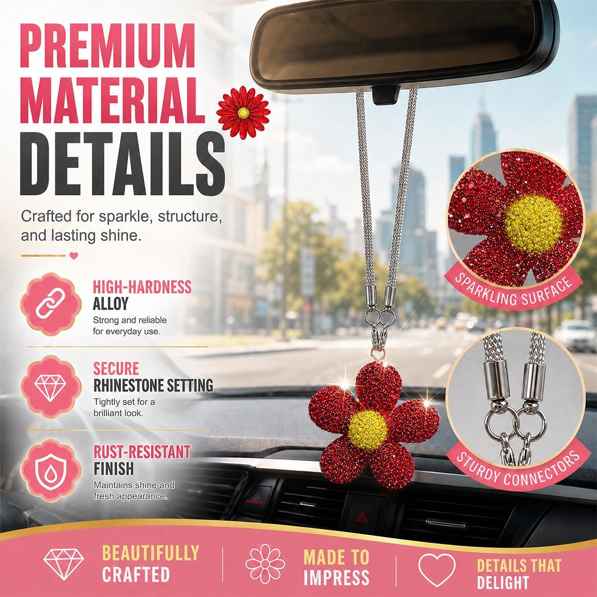Bling Daisy Flower Car Hanging Ornament, Aesthetics Rhinestone Car Rear View Mirror Charm, Personalized Elegant Auto Interior Pendant Decoration Accessories for Women(Red) image 3