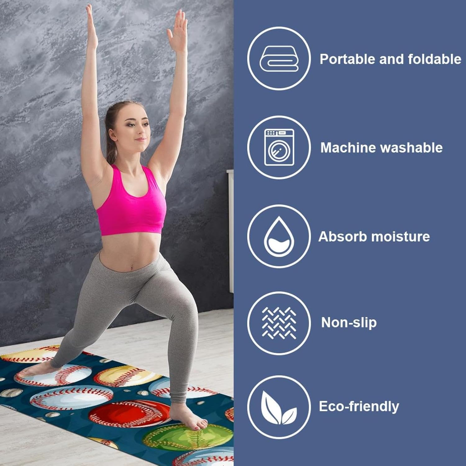 Yoga Towel, Baseball Pattern Non Slip Sweat Absorbent Hot Yoga Mat Towel for Hot Yoga, Pilates and Fitness - 72.8" x 26.8"