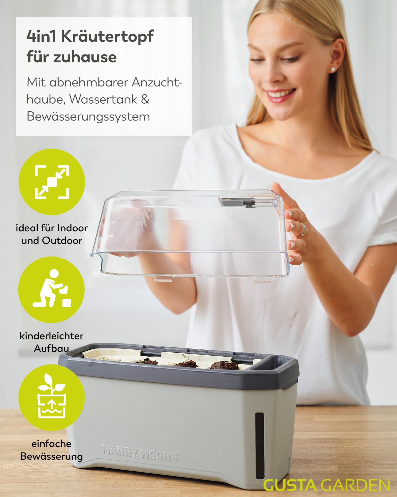 Harry Herbs - 4 in 1 Kräutertopf - Anzucht - Microgreens - Hydroponik - integriertes Wasserreservoir mit Bewässerungssystem - inklusive Wasserstandsanzeige - indoor & outdoor (hellgrau, mit Haube)