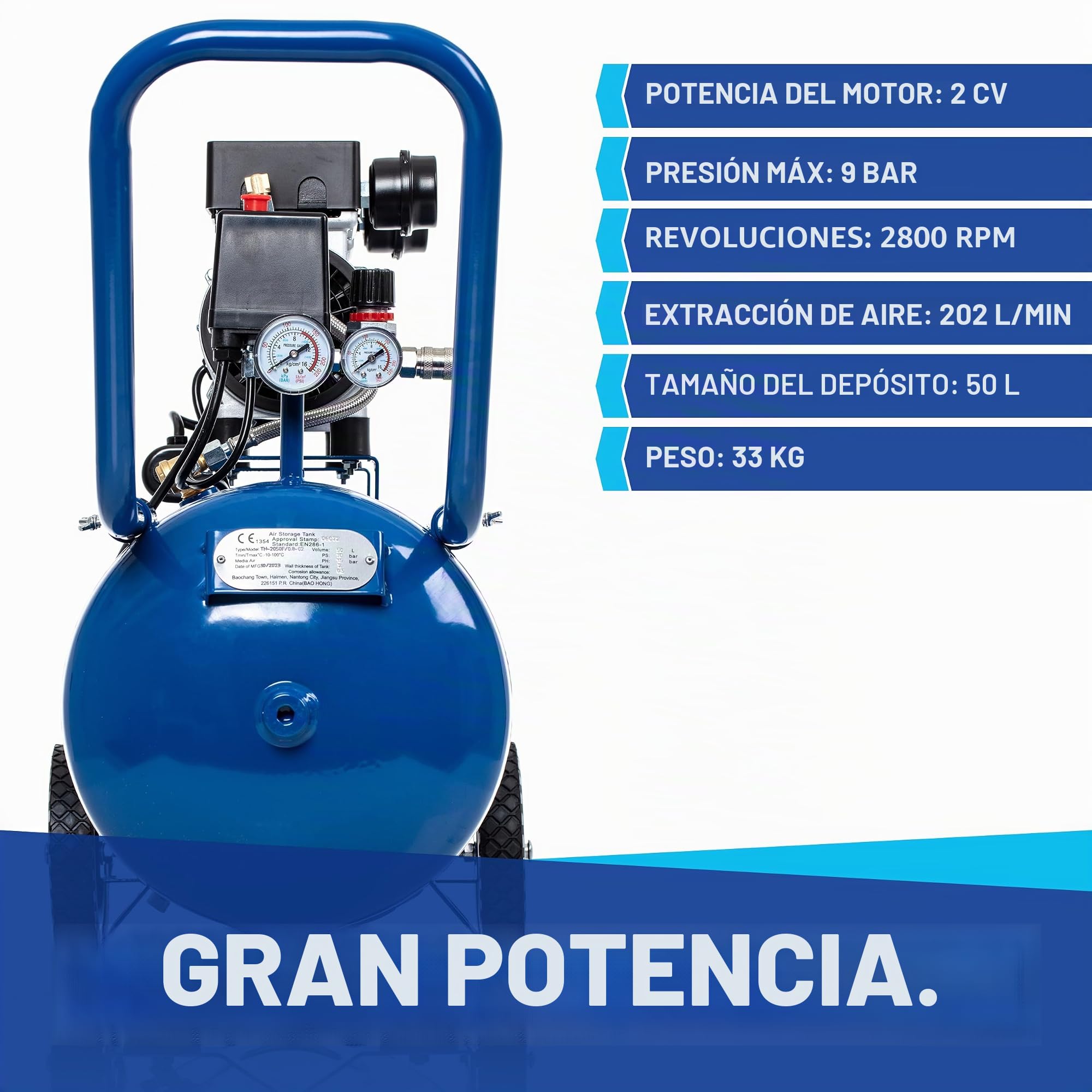 NTG Compresor silencioso de 9 bar, depósito de 50 L, 1470 W, fuerte potencia, sin aceite, especialmente silencioso y flexible, con manómetro y regulador de presión, depósito de 50 L (depósito de 50 | Con manómetro y regulador de presión – Uso flexible en