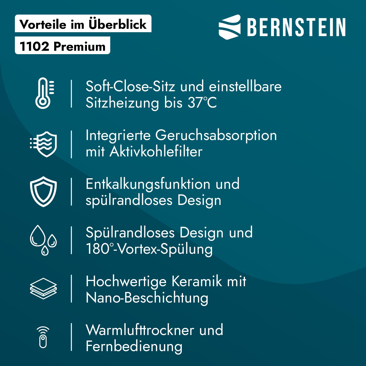 Bernstein Dusch-WC Premium 1102 Weiß - Smarte Technologie für Körperpflege und Hygiene, Fernbedienung, Sitzheizung, LED-Nachtlicht