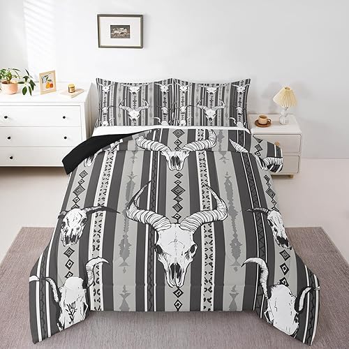 Juego de ropa de cama estilo bohemio occidental, tamaño Queen, diseño de calavera de toro, vaquero, negro, blanco, gris, azteca del suroeste, para