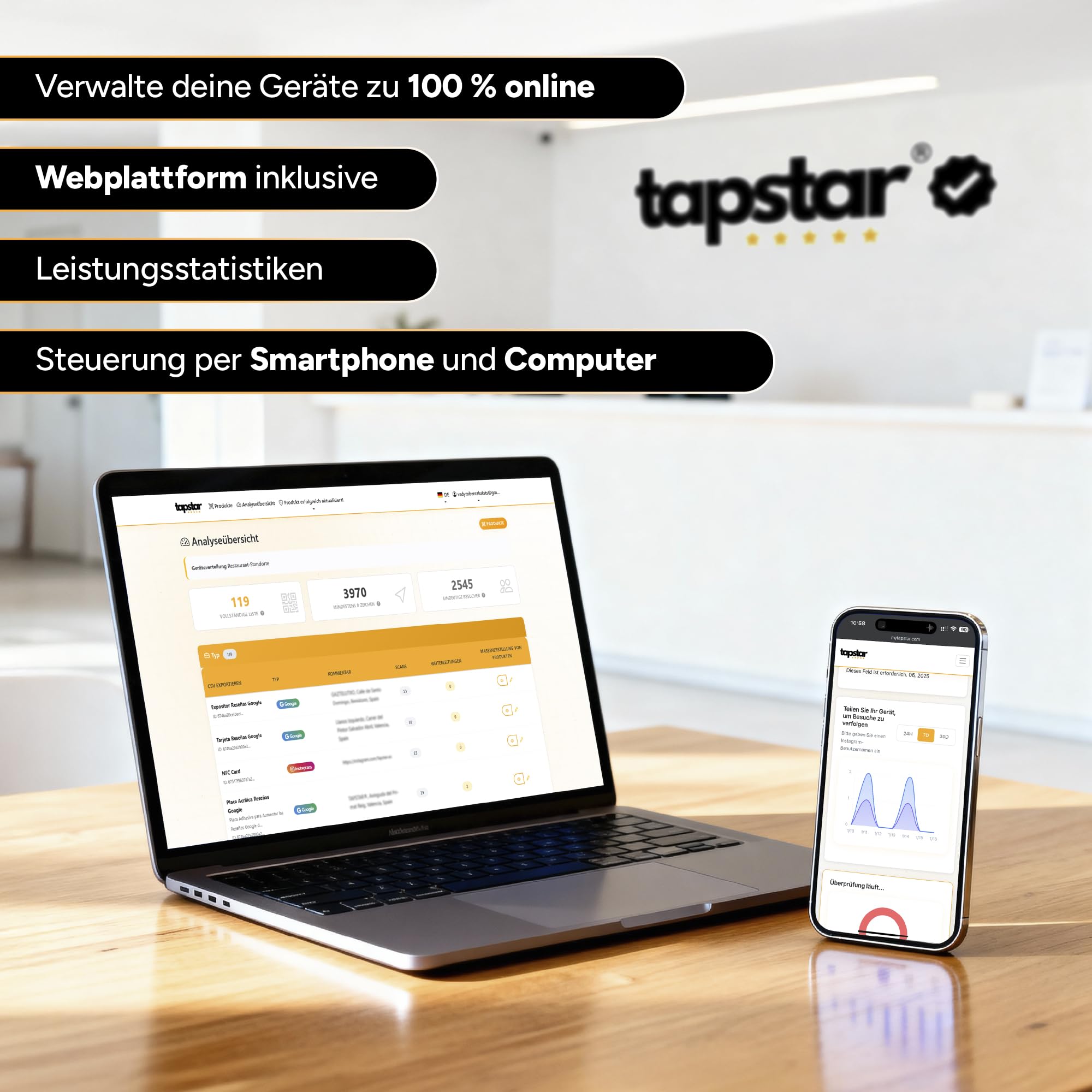 Tapstar Bewertungsaufsteller mit NFC & QR-Code – Google Bewertung Aufsteller für Theke, Tresen oder Empfang – Kompatibel mit iPhone & Android – Ohne App, Ohne Abo