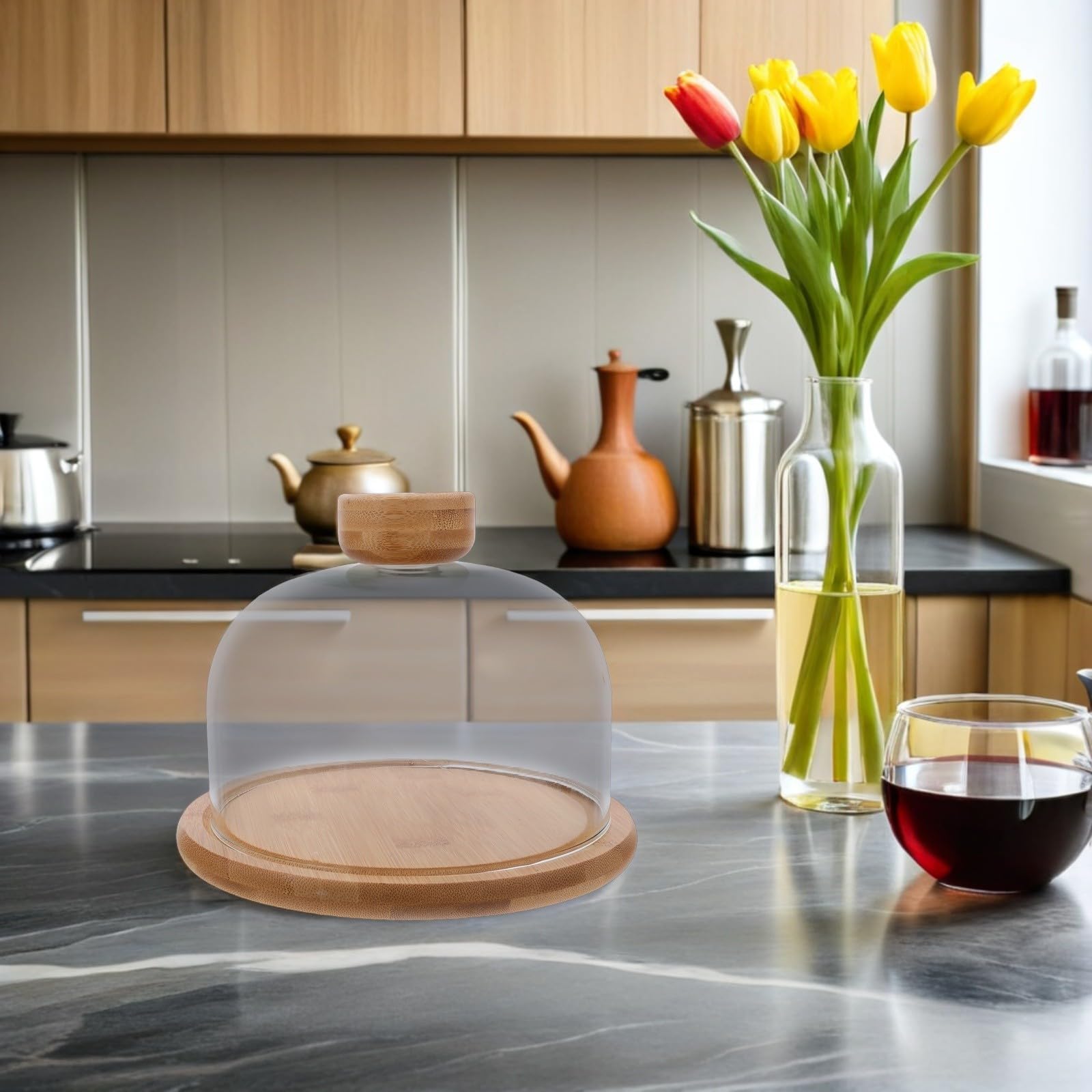 Uonlytech Soporte para Pastel de Bodas con Cúpula de Vidrio y Base de Bambú, Bandeja para Servir Postres con Tapa, Diseño Antipolvo y Exhibición Completa para Fiestas y Uso Diario