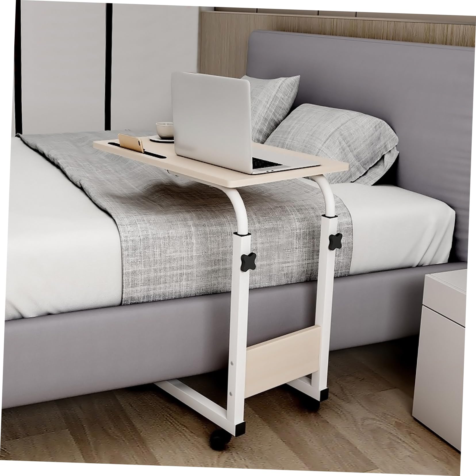 HOMSFOU 1pc Laptop Desk with Wheels Mobile Bedside Table for Home Office Gaming and Study Modern Design Oak Frame