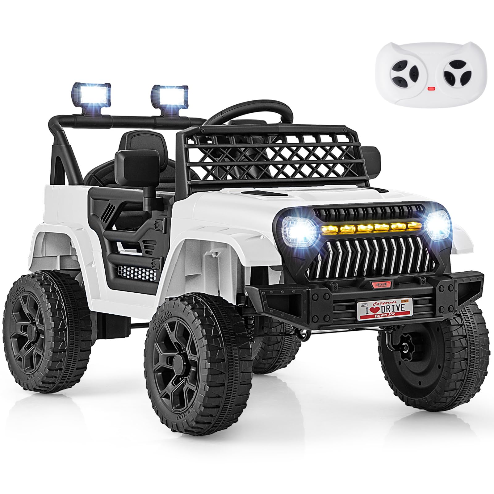 GYMAX Kids Ride on Car, 12V Battery Powered Toy Car with Remote Control, Lights, Music, Horn, Bluetooth, USB, Shock Suspension and Slow Start, Children Electric Off Road Truck for 3 Years Old+ (White)