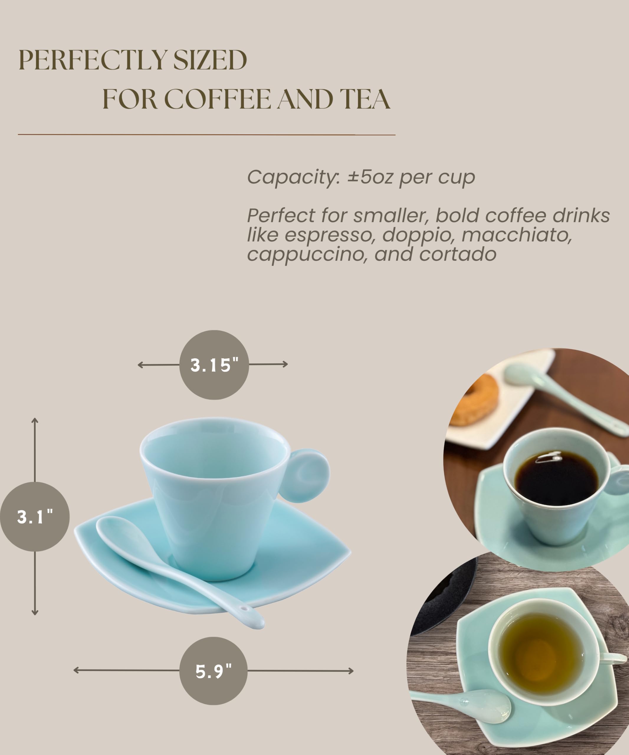 Selected - Juego de tazas de café de porcelana de 2 a 5 onzas, taza de café expreso, demitasse, taza de té con platillo y cuchara, apta para microondas y lavavajillas, estilo moderno y clásico,