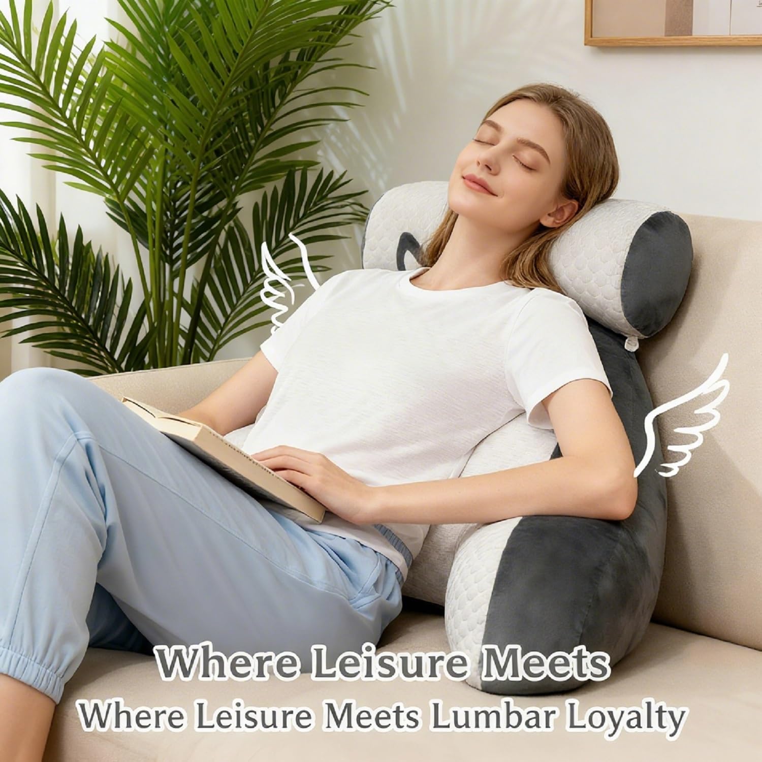 Lesekissen mit Armlehnen 80x60cm Bohnensamt grau, Groß Kristall-Plüsch Rückenkissen für Bett & Sofa, Ergonomisches Rückenstützkissen mit Nackenstütze zum Lesen & Gaming