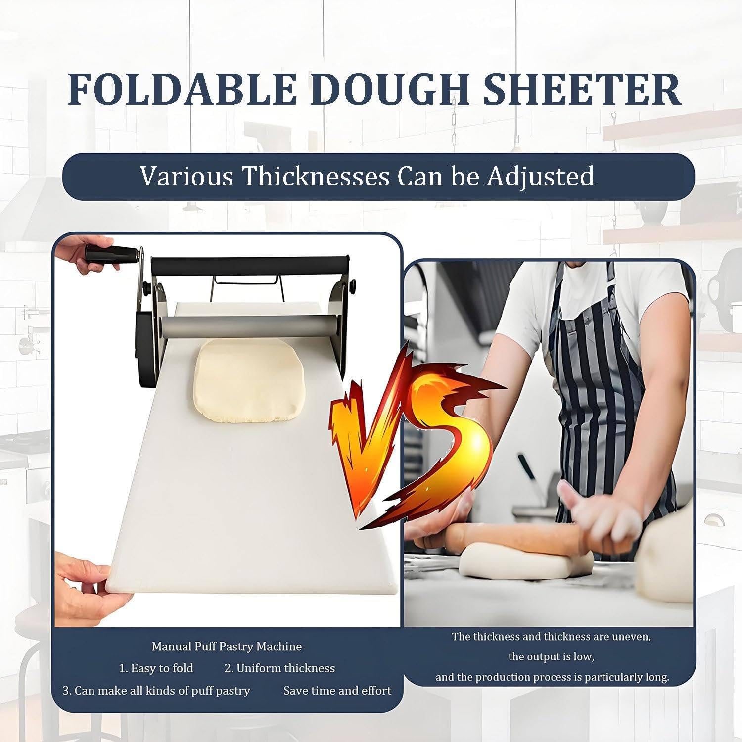 Handelsüblicher faltbarer Teigausleger, verstellbare Dicke 0–17,5 mm/0–27 mm, Edelstahl-Gebäckroller für Pizza, Croissants, Kuchen, Fondant