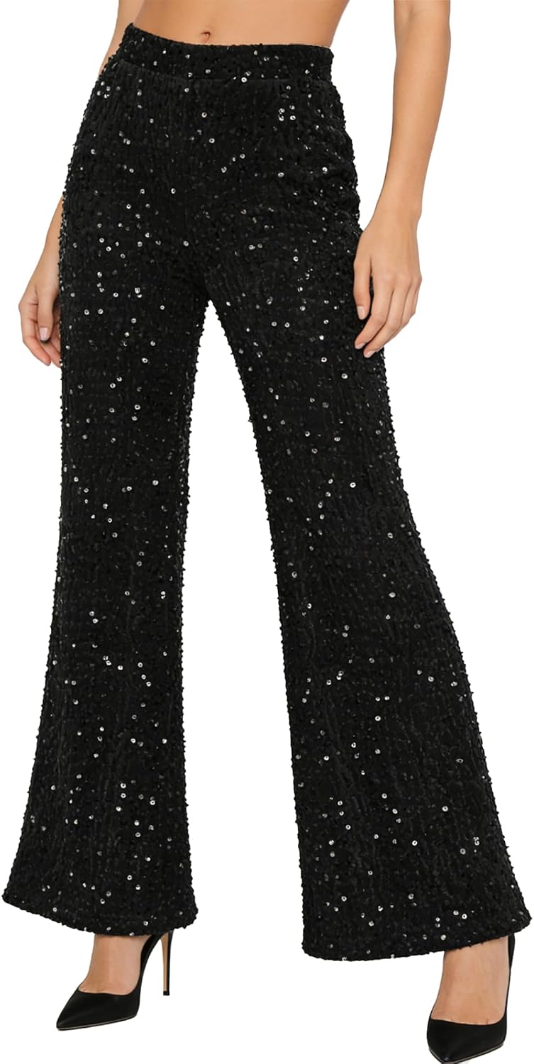 JEYPINMI Women Sequin Pants High Waisted Sparkly Wide Leg Trousers Party Clubwear Shiny Pants Streetwear