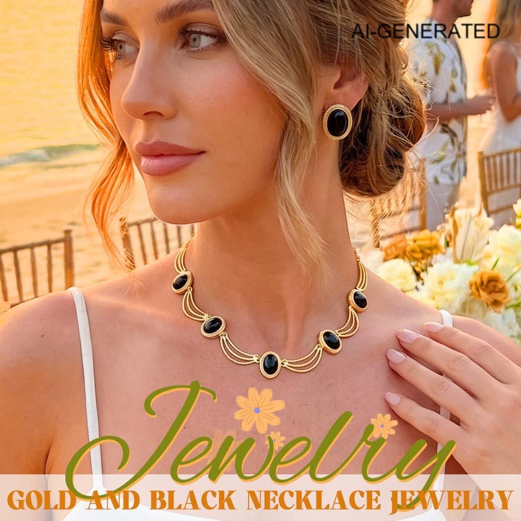 Sixexey Black Gold Jewelry Set Crystal Jewelry for Women | Boho Vintage Black Necklace Earrings Jewelry Accessories for Women