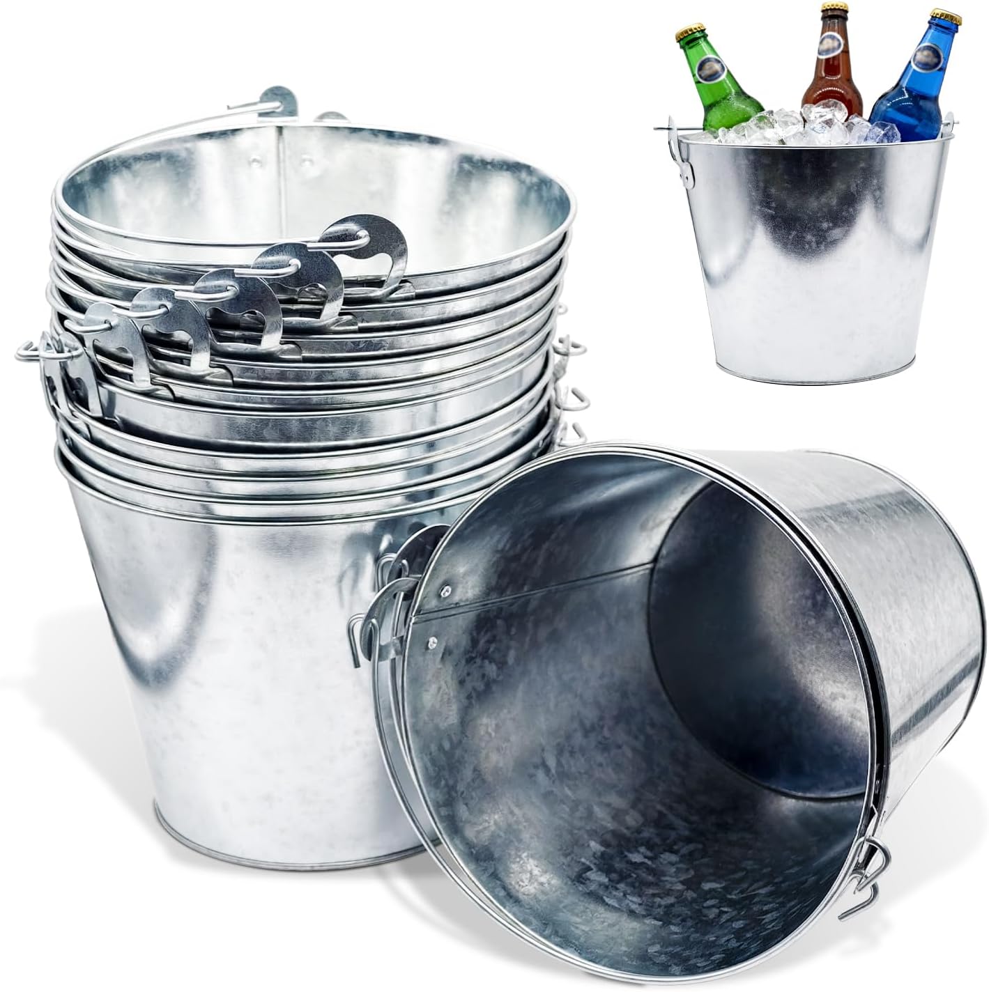 12 Pack Metal Bucket, 5L, Silver - Galvanized Buckets with Handles for Ice Tub & Beverage Tub, Ice Buckets for Parties