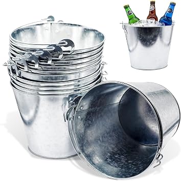 12 Pack Metal Bucket, 5L, Silver - Galvanized Buckets with Handles for Ice Tub & Beverage Tub, Ice Buckets for Parties