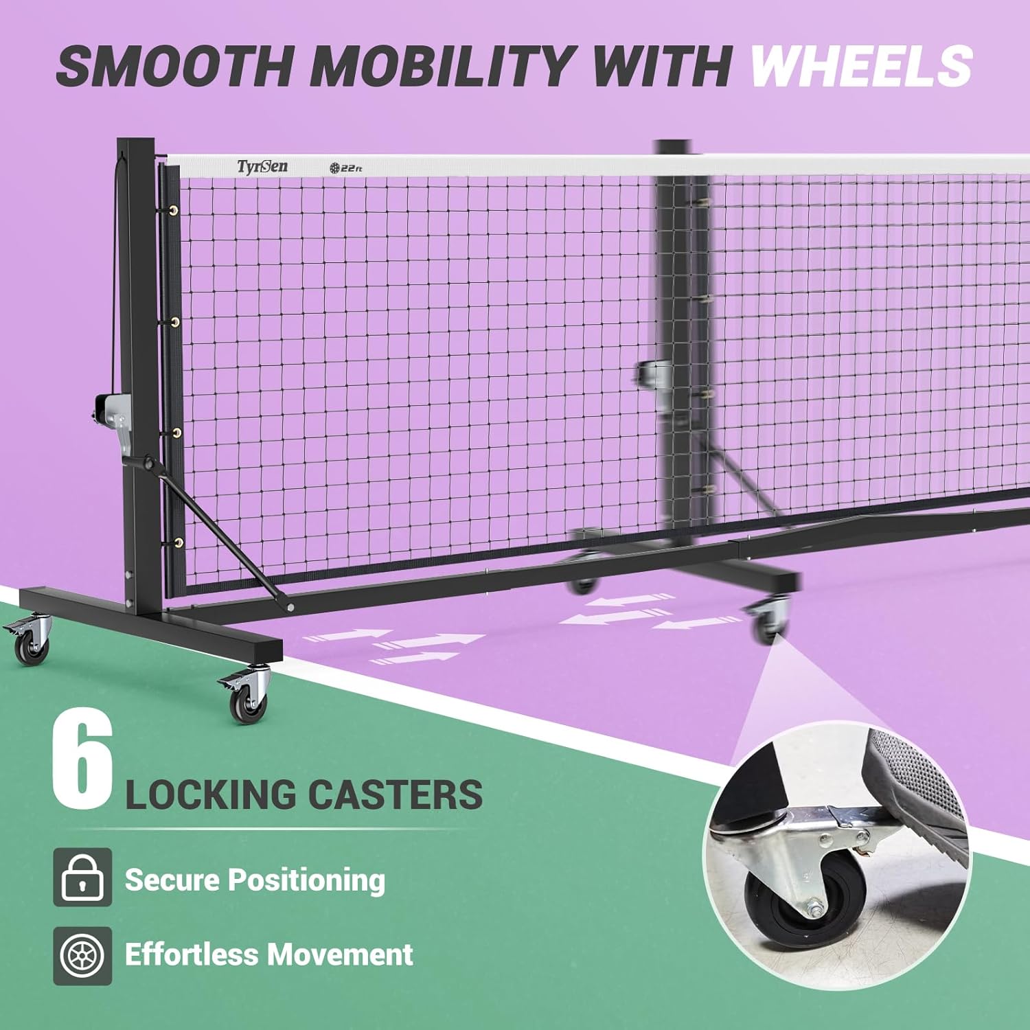 Pro Pickleball Net Tournament 22ft - Hand Crank Tension System, Anti-Sag Heavy-Duty Frame with Locking Wheels, Easy Setup, Includes Carry Bag, for Indoor/Outdoor Courts
