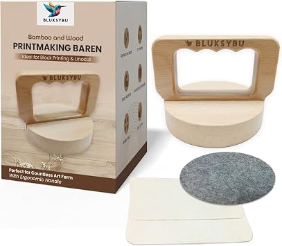 BLUKSYBU Wood Block Printing baren - Bamboo and Wood Baren for Printmaking with Comfortable Ergonomic Handle - Linocut Block Printing - Baren Printmaking Tool with Felt Mat and Cleaning Cloth
