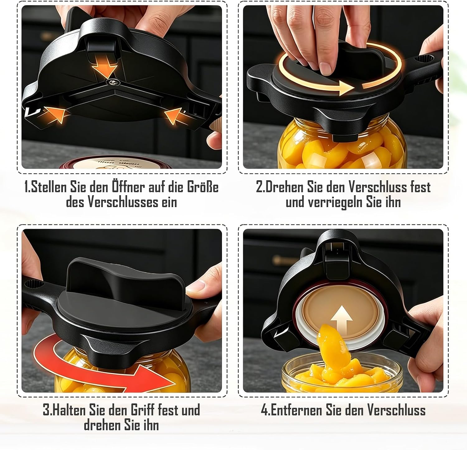 Lid Opener 4-in-1 Multifunctional Jar Opener Adjustable 2.5-9 cm for Seniors & Arthritis, Opens Jars, Bottles & Cans, Kitchen Aid with Leverage (Black) image 3