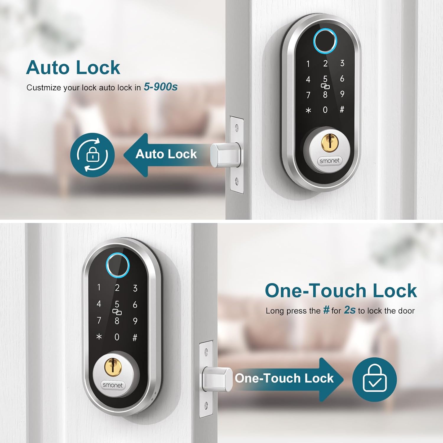 Smart Lock – Fingerprint Keyless Entry Door Lock for Front Door, Bluetooth Electronic Deadbolt with App Control, Auto Locking, eKey Sharing, Alexa Compatible Digital Keypad, Silver