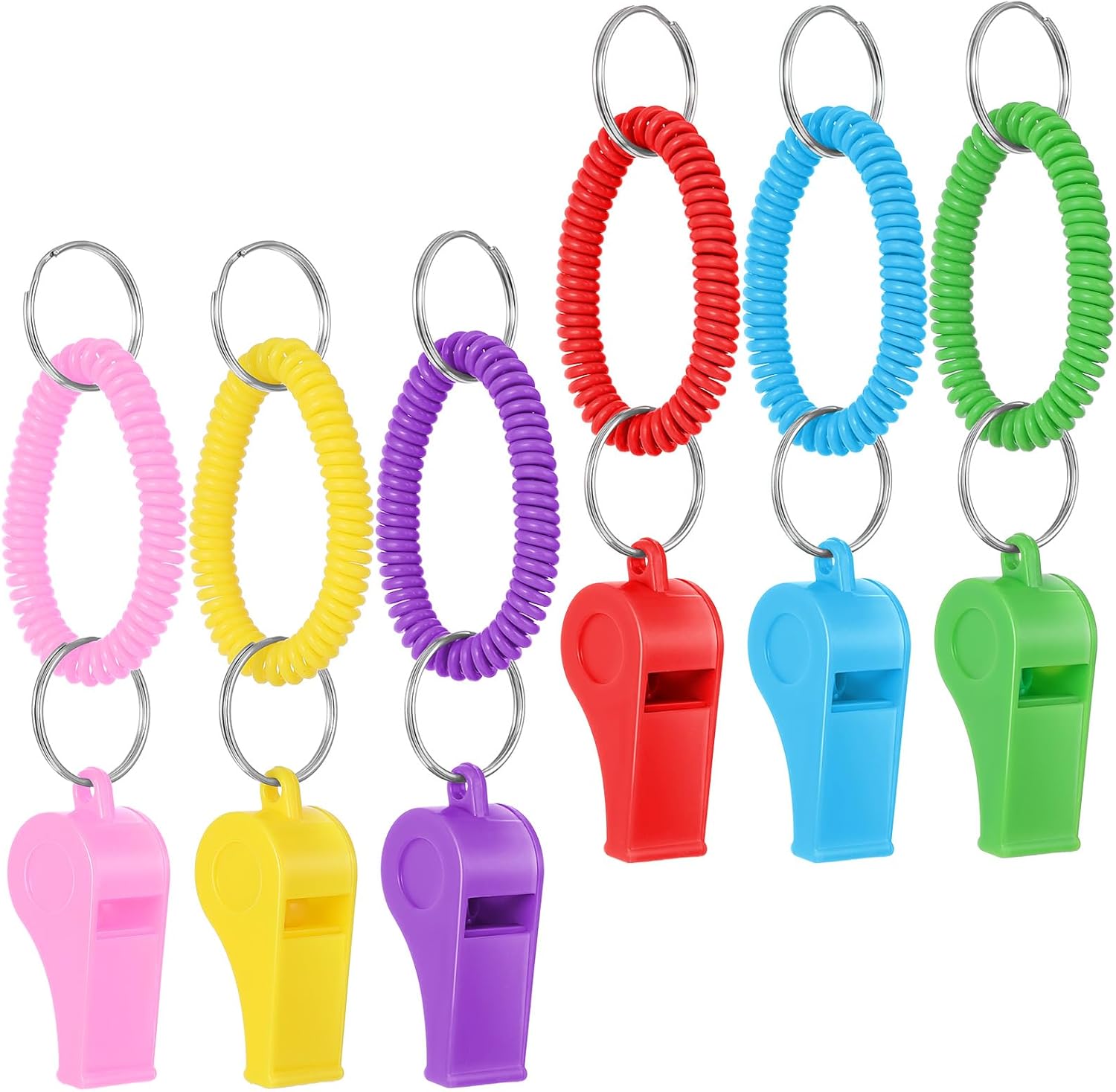 96 Pcs Sport Whistle with Bracelet, Loud Plastic Whistles with Stretchable Coil Wrist Keychain Ring for Coaches, Referees, Officials, Emergency Training, Party Favor